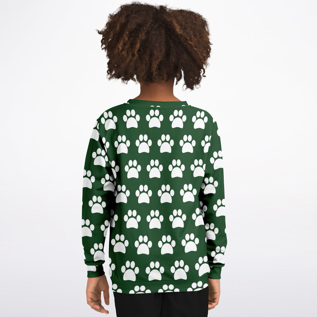 Kids Forest Green Paw Print Sweatshirt – Ultra Soft & Stretchy, Cozy Fleece or Lightweight Sports Fabric Sweatshirt – Ultra Soft & Stretchy, Cozy Fleece or Lightweight Sports Fabric