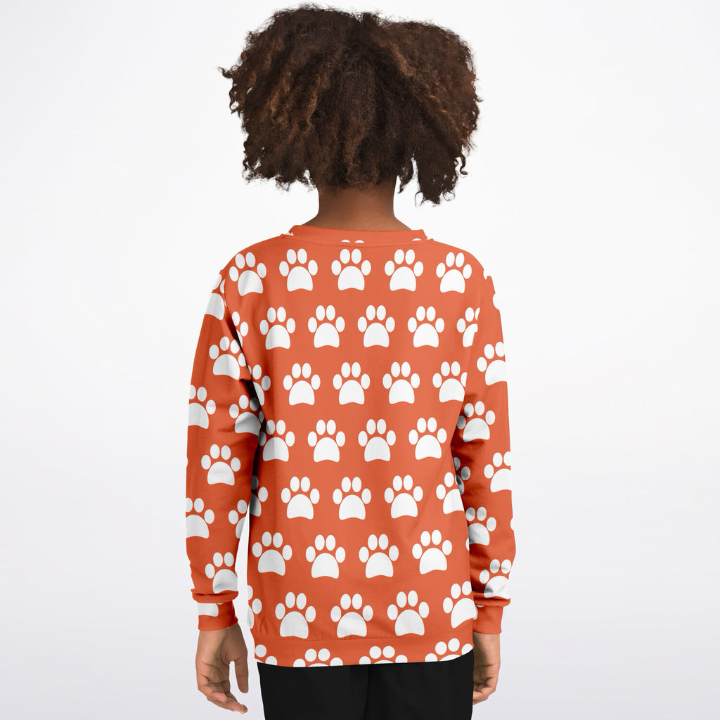 Kids Bright Orange Paw Print Sweatshirt – Ultra Soft & Stretchy, Cozy Fleece or Lightweight Sports Fabric Sweatshirt – Ultra Soft & Stretchy, Cozy Fleece or Lightweight Sports Fabric