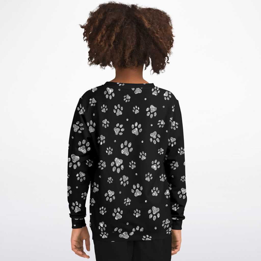 Kids Silver Faux Glitter Paw Print Sweatshirt – Ultra Soft & Stretchy, Cozy Fleece or Lightweight Sports Fabric Sweatshirt – Ultra Soft & Stretchy, Cozy Fleece or Lightweight Sports Fabric