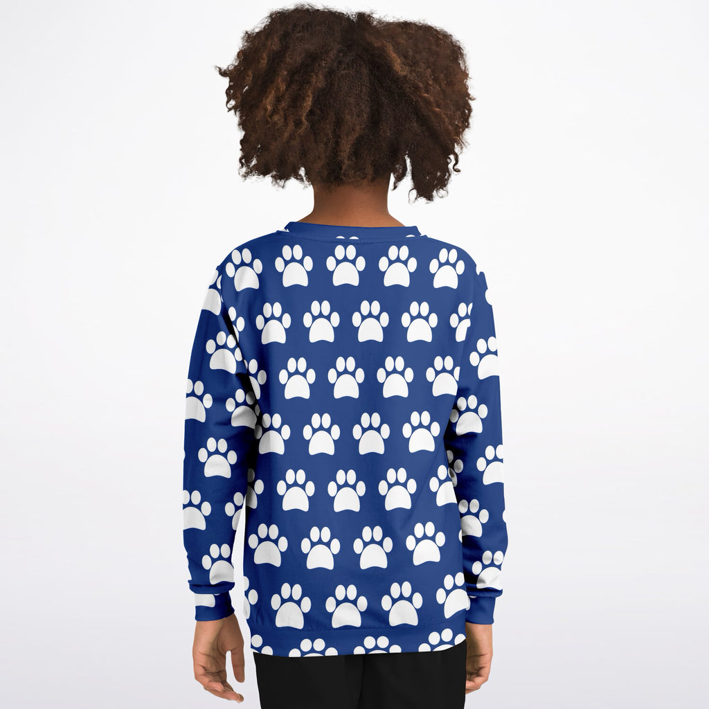 Kids Dark Blue Paw Print Sweatshirt – Ultra Soft & Stretchy, Cozy Fleece or Lightweight Sports Fabric Sweatshirt – Ultra Soft & Stretchy, Cozy Fleece or Lightweight Sports Fabric
