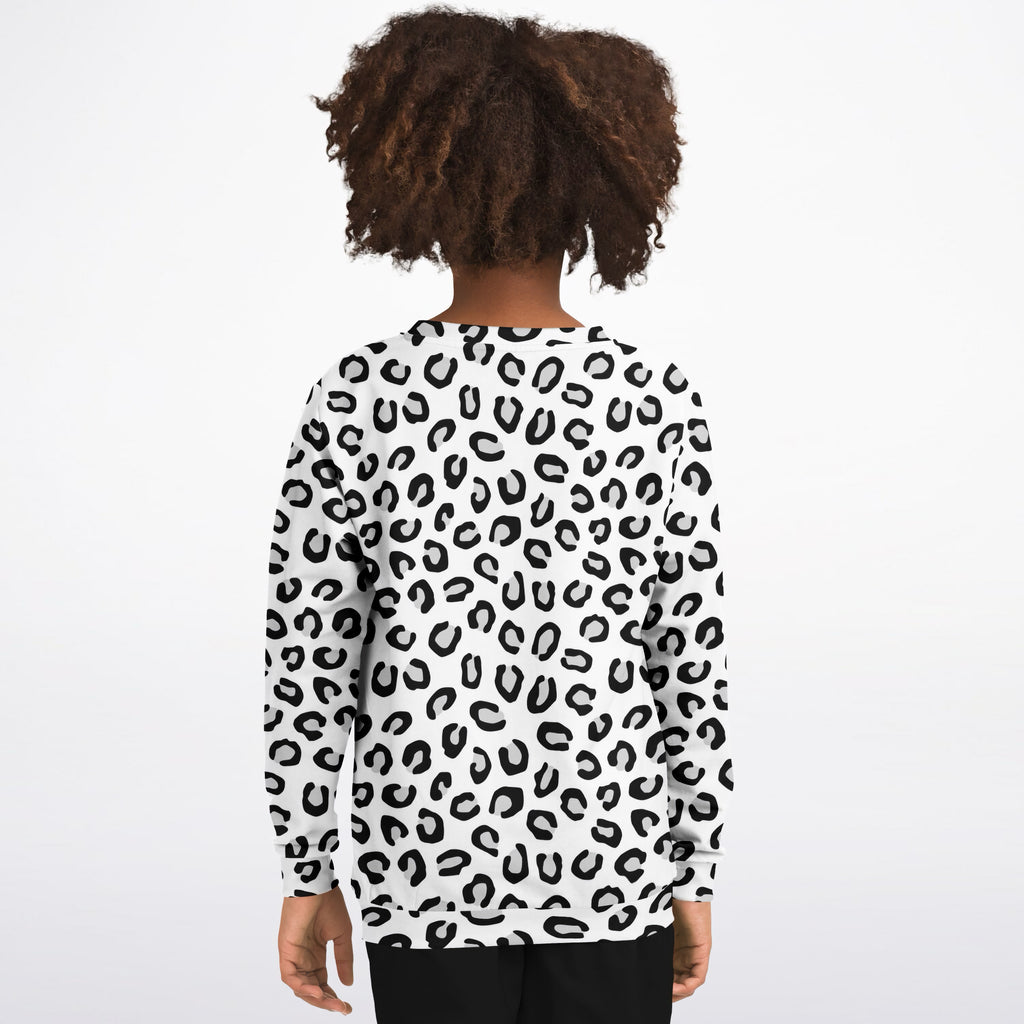 Kids Black & White Leopard Print Sweatshirt – Ultra Soft & Stretchy, Cozy Fleece or Lightweight Sports Fabric Sweatshirt – Ultra Soft & Stretchy, Cozy Fleece or Lightweight Sports Fabric