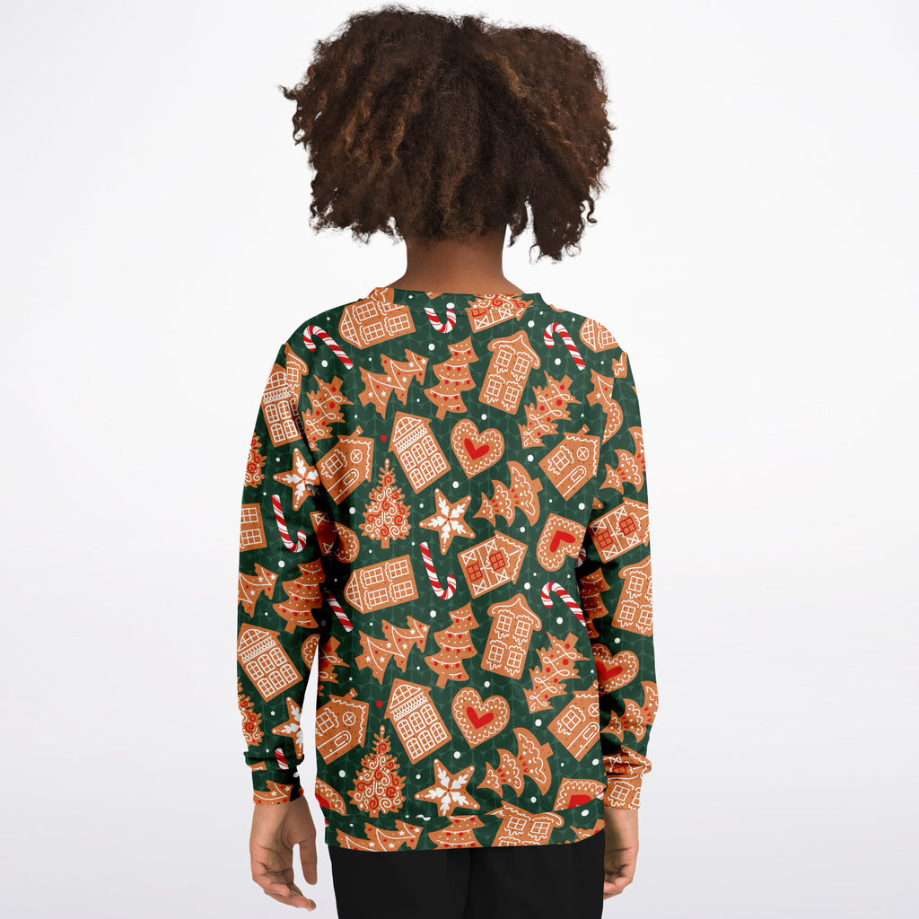 Kids Green Christmas Gingerbread Sweatshirt – Ultra Soft & Stretchy, Cozy Fleece or Lightweight Sports Fabric Sweatshirt – Ultra Soft & Stretchy, Cozy Fleece or Lightweight Sports Fabric