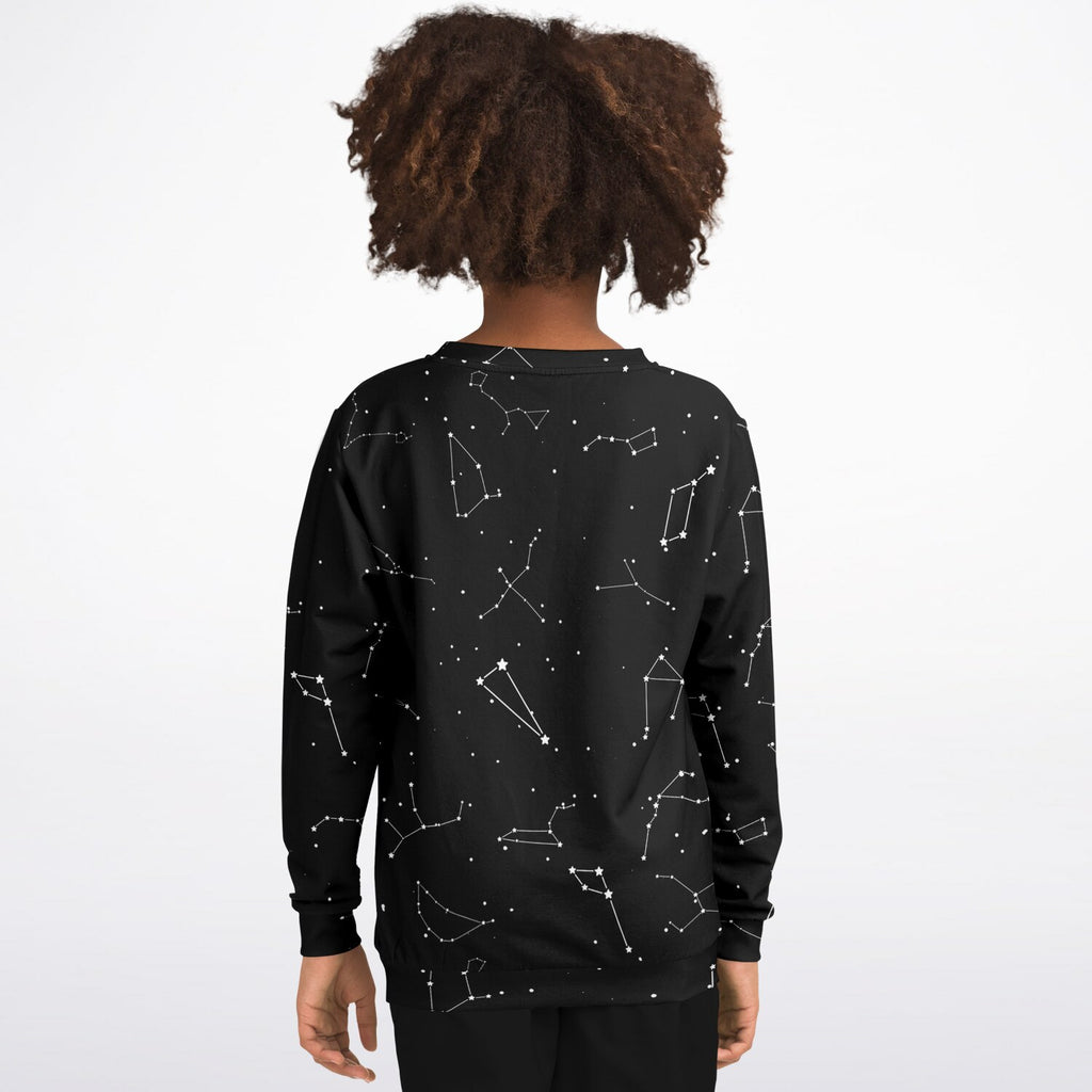Black kids sweatshirt with white constellation pattern made of cozy cotton fleece or lightweight sports fabric