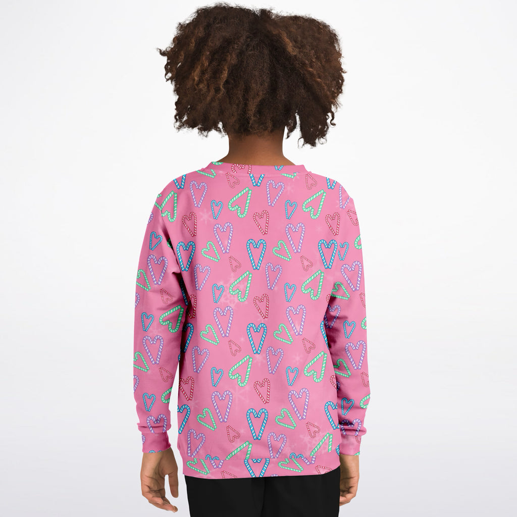 Girls Pink Christmas Candy Cane Heart Sweatshirt – Ultra Soft & Stretchy, Cozy Fleece or Lightweight Sports Fabric Sweatshirt – Ultra Soft & Stretchy, Cozy Fleece or Lightweight Sports Fabric