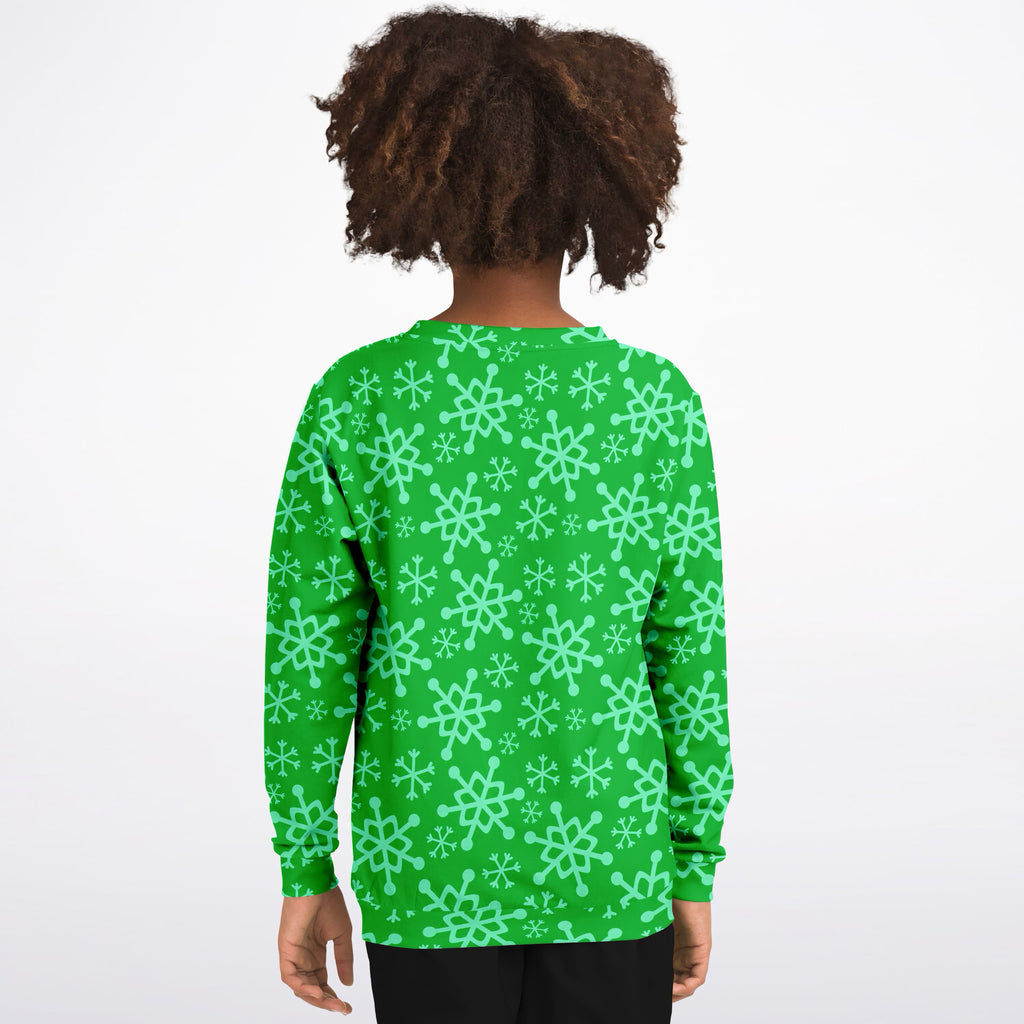 Kids Green Snowflake Christmas Sweatshirt – Ultra Soft & Stretchy, Cozy Fleece or Lightweight Sports Fabric Sweatshirt – Ultra Soft & Stretchy, Cozy Fleece or Lightweight Sports Fabric