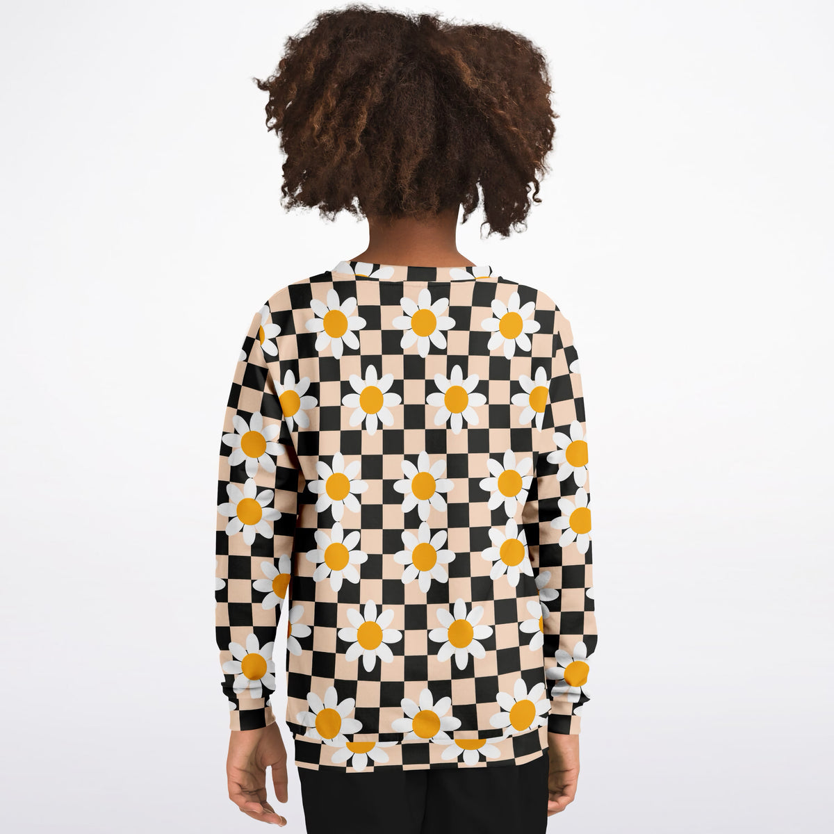 Girls Beige Checkered Daisy Sweatshirt – Ultra Soft & Stretchy, Cozy Fleece or Lightweight Sports Fabric Sweatshirt – Ultra Soft & Stretchy, Cozy Fleece or Lightweight Sports Fabric