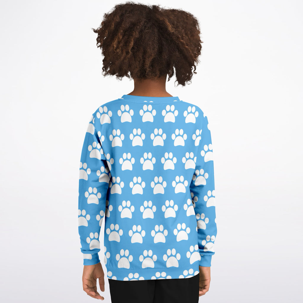 Kids Light Sky Blue Paw Print Sweatshirt – Ultra Soft & Stretchy, Cozy Fleece or Lightweight Sports Fabric Sweatshirt – Ultra Soft & Stretchy, Cozy Fleece or Lightweight Sports Fabric