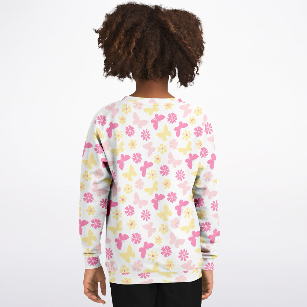 Girls Pink & Yellow Butterfly Sweatshirt – Ultra Soft & Stretchy, Cozy Fleece or Lightweight Sports Fabric Sweatshirt – Ultra Soft & Stretchy, Cozy Fleece or Lightweight Sports Fabric