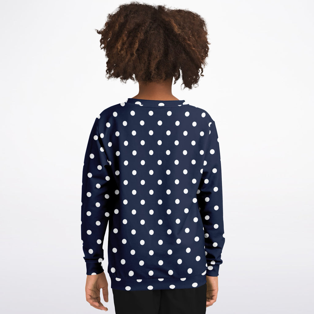 Kids Dark Navy Blue Polka Dot Sweatshirt – Ultra Soft & Stretchy, Cozy Fleece or Lightweight Sports Fabric Sweatshirt – Ultra Soft & Stretchy, Cozy Fleece or Lightweight Sports Fabric