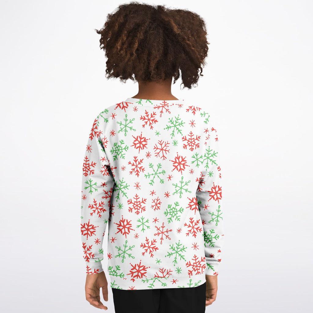 Kids Red & Green Snowflakes Christmas Sweatshirt – Ultra Soft & Stretchy, Cozy Fleece or Lightweight Sports Fabric Sweatshirt – Ultra Soft & Stretchy, Cozy Fleece or Lightweight Sports Fabric