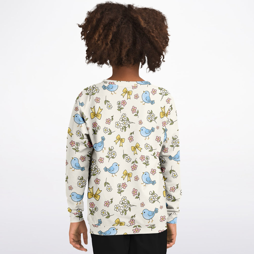 Girls Floral Blue Bird Sweatshirt – Ultra Soft & Stretchy, Cozy Fleece or Lightweight Sports Fabric Sweatshirt – Ultra Soft & Stretchy, Cozy Fleece or Lightweight Sports Fabric