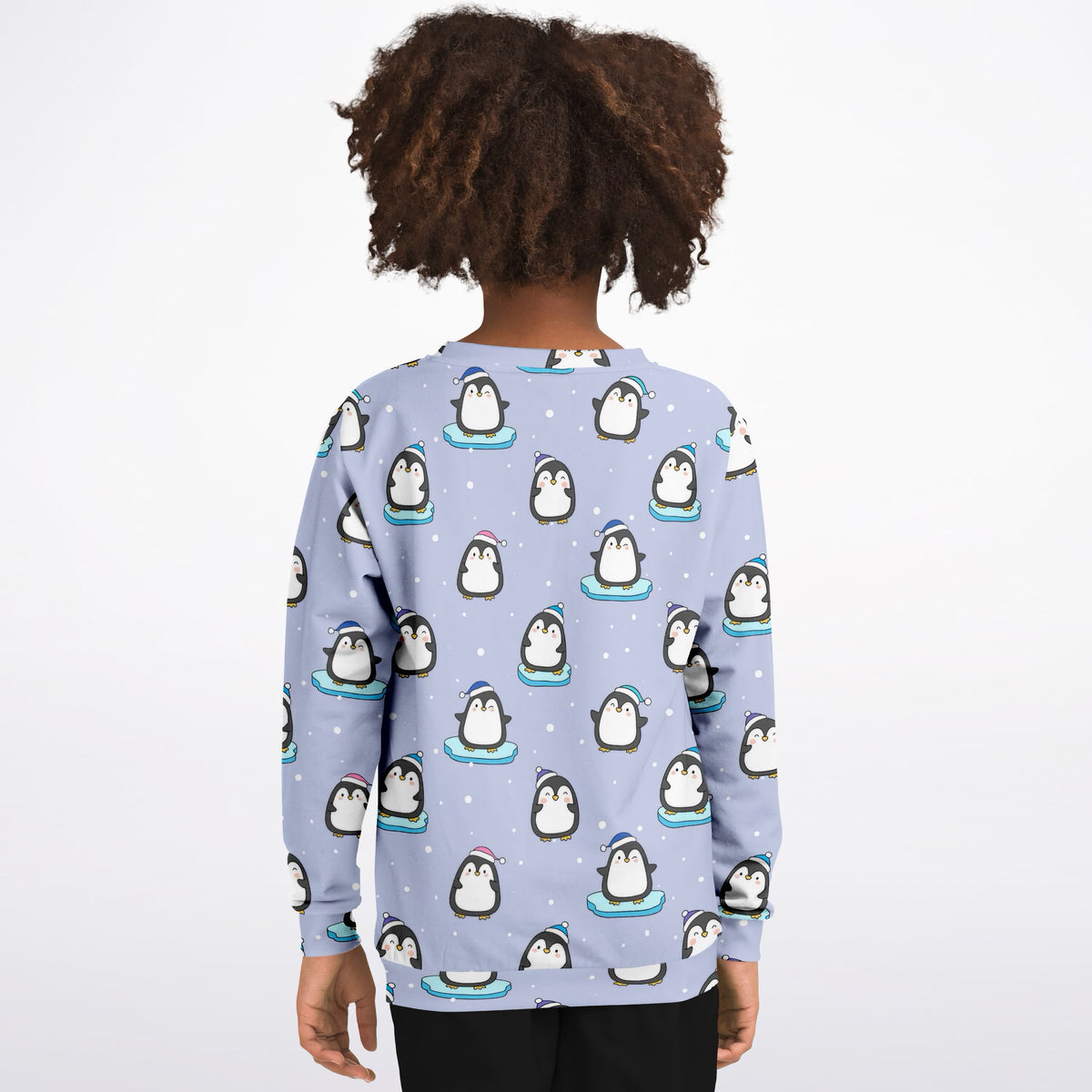 Kids Light Purple Penguin & Snowman Christmas Sweatshirt – Ultra Soft & Stretchy, Cozy Fleece or Lightweight Sports Fabric Sweatshirt – Ultra Soft & Stretchy, Cozy Fleece or Lightweight Sports Fabric