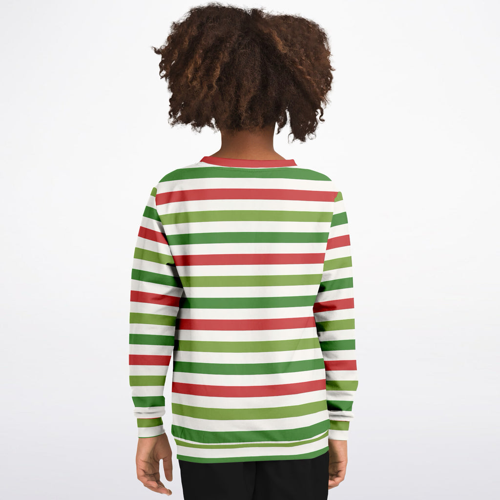 Kids Red Green & White Christmas Striped Sweatshirt – Ultra Soft & Stretchy, Cozy Fleece or Lightweight Sports Fabric Sweatshirt – Ultra Soft & Stretchy, Cozy Fleece or Lightweight Sports Fabric