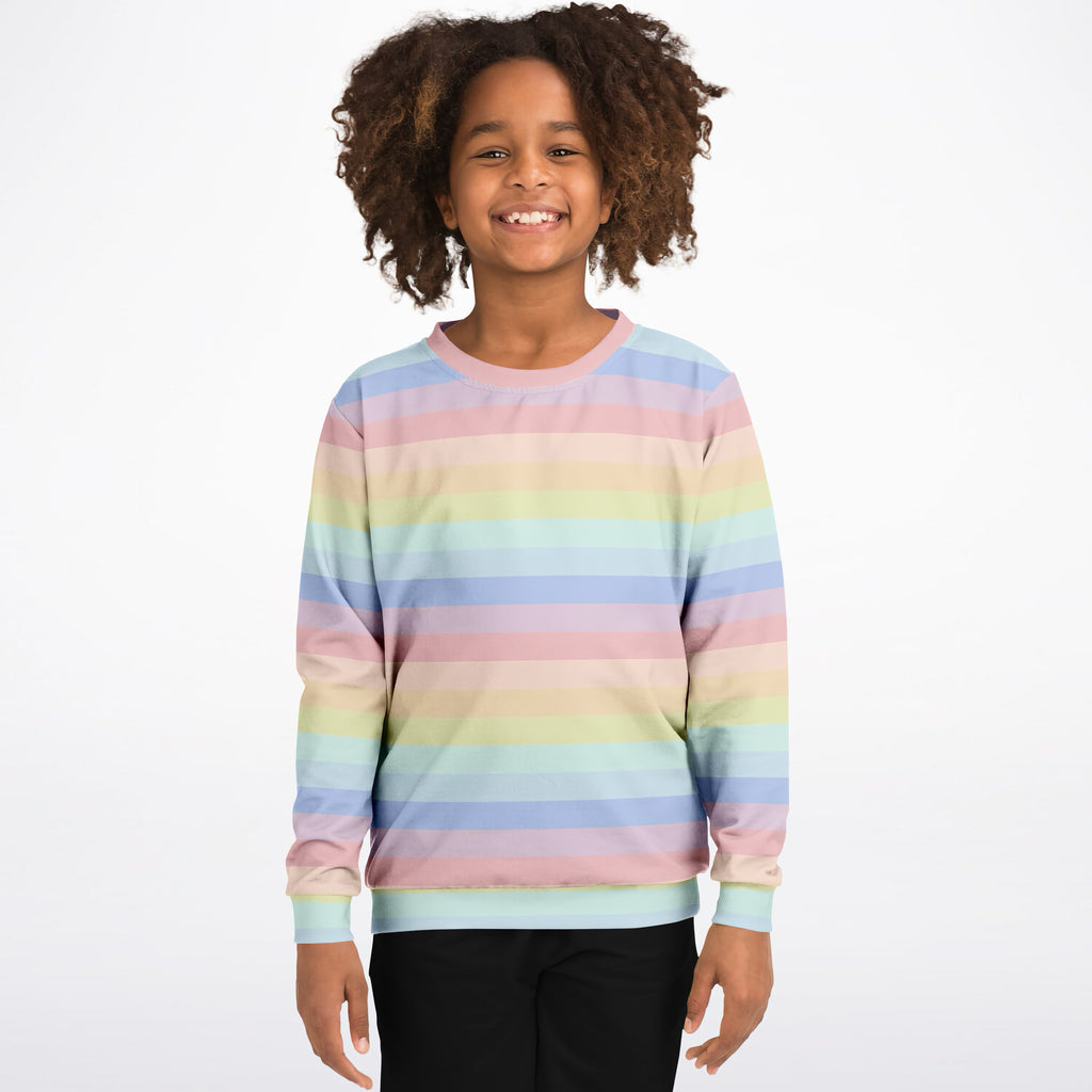 Girls Striped Pastel Rainbow Sweatshirt – Cozy Cotton Fleece or Lightweight Sports Fabric
