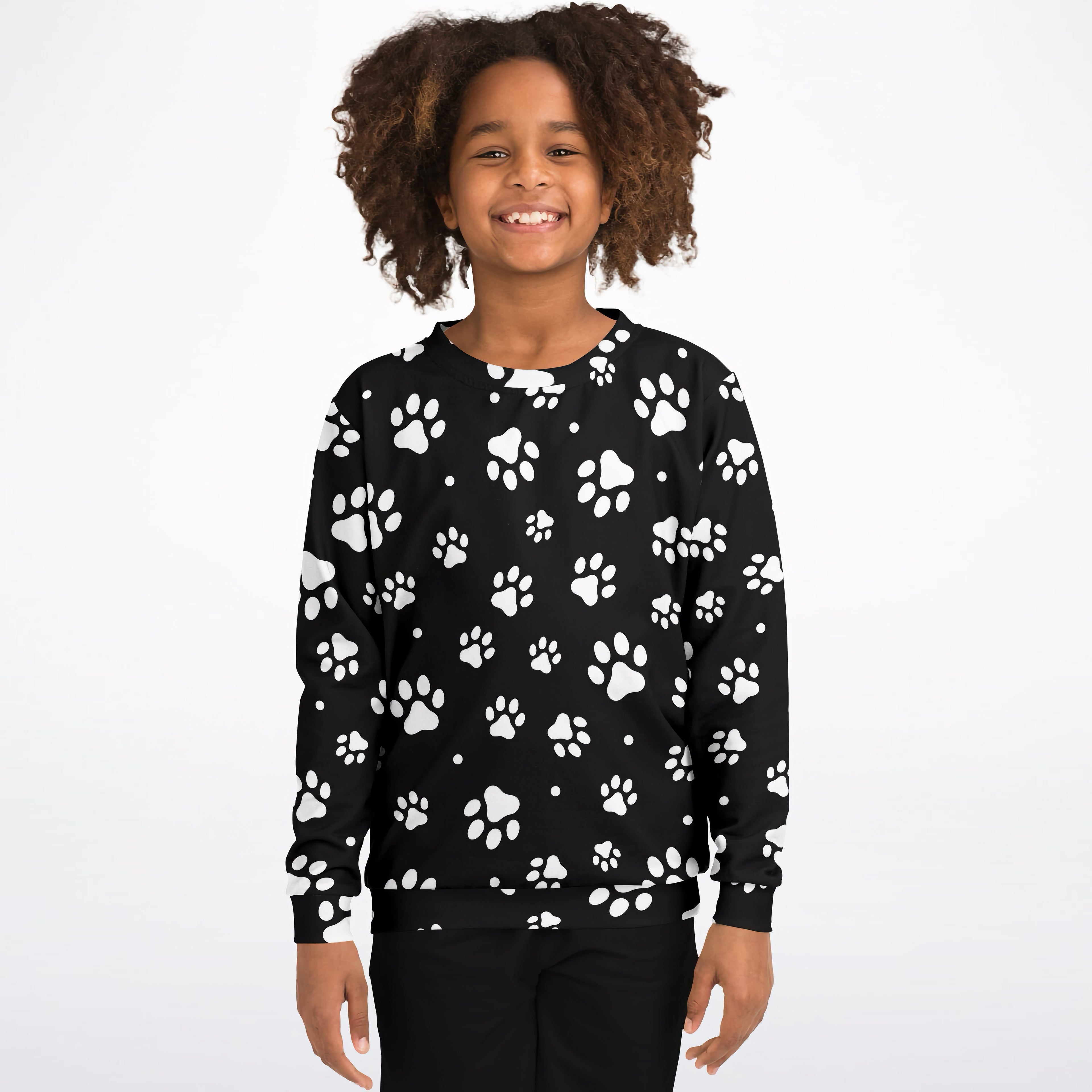 Black kids paw print sweatshirt with white paw pattern made of cozy cotton fleece or lightweight sports fabric