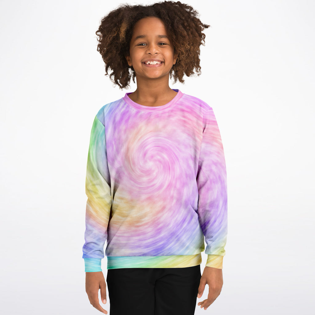 Kids faux rainbow tie dye sweatshirt with vibrant pastel pink purple blue green hues in cozy cotton fleece fabric