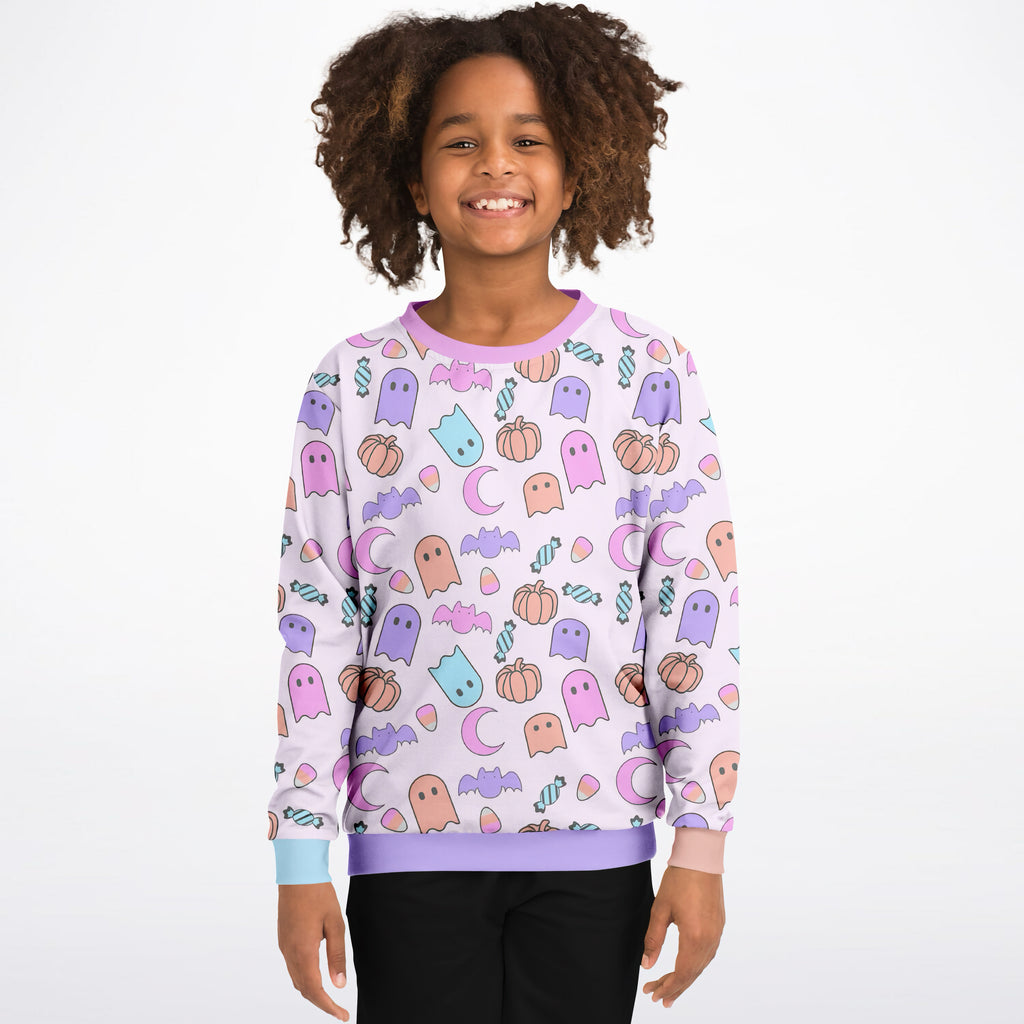 Girls ghost halloween sweatshirt with pastel ghosts pumpkins bats moons on light lavender cotton fleece or lightweight fabric