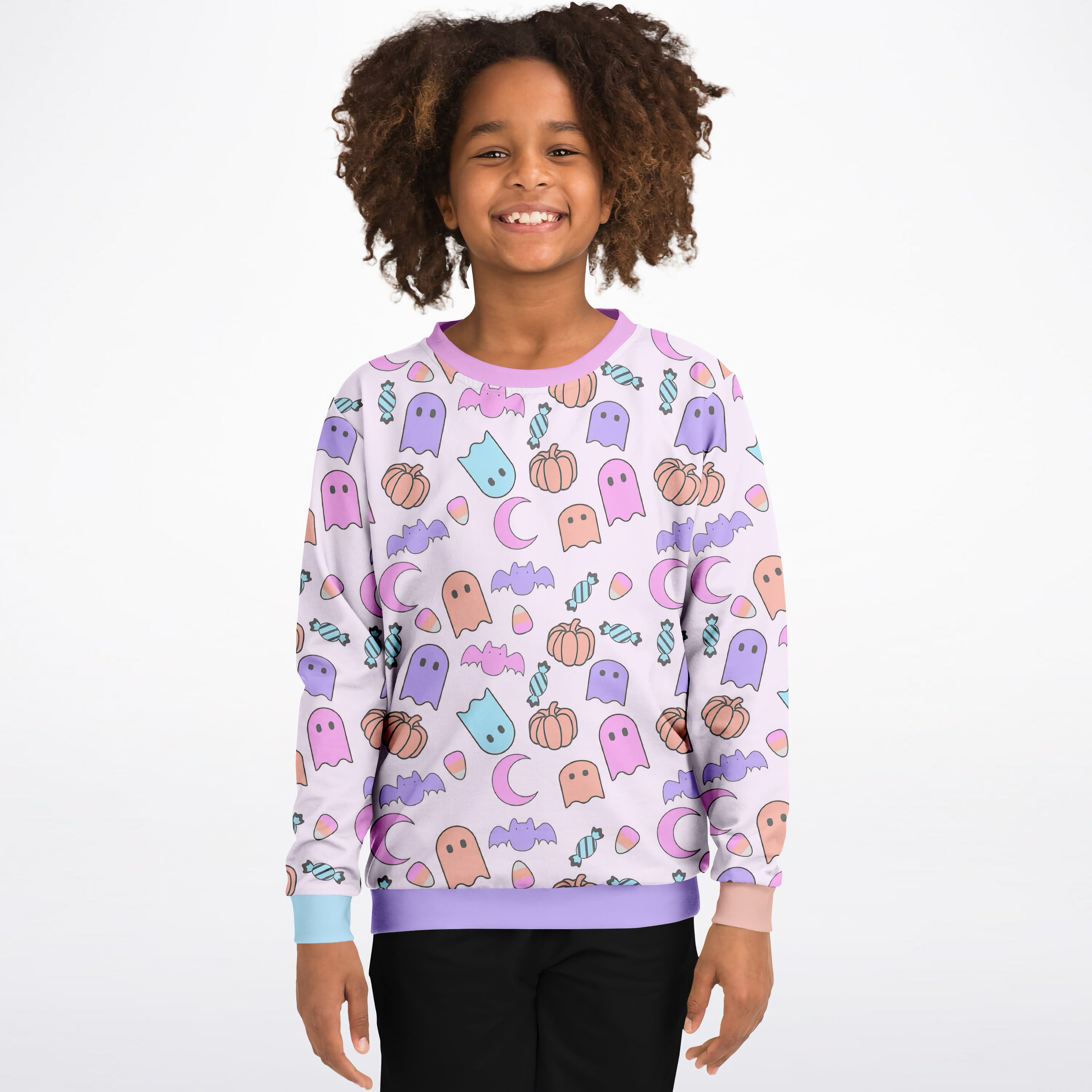 Girls ghost halloween sweatshirt with pastel ghosts pumpkins bats moons on light lavender cotton fleece or lightweight fabric