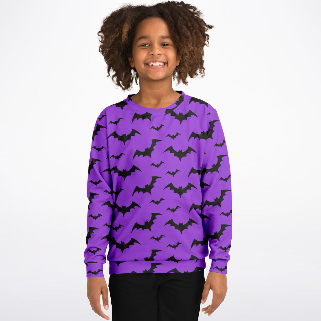 Kids purple bats halloween sweatshirt with black bat patterns made of cozy cotton fleece or lightweight sports fabric