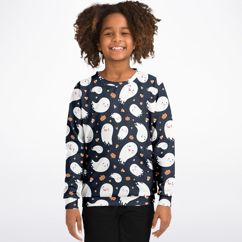 Navy blue kids ghost Halloween sweatshirt with white cartoon ghosts orange pumpkins stars cozy cotton fleece