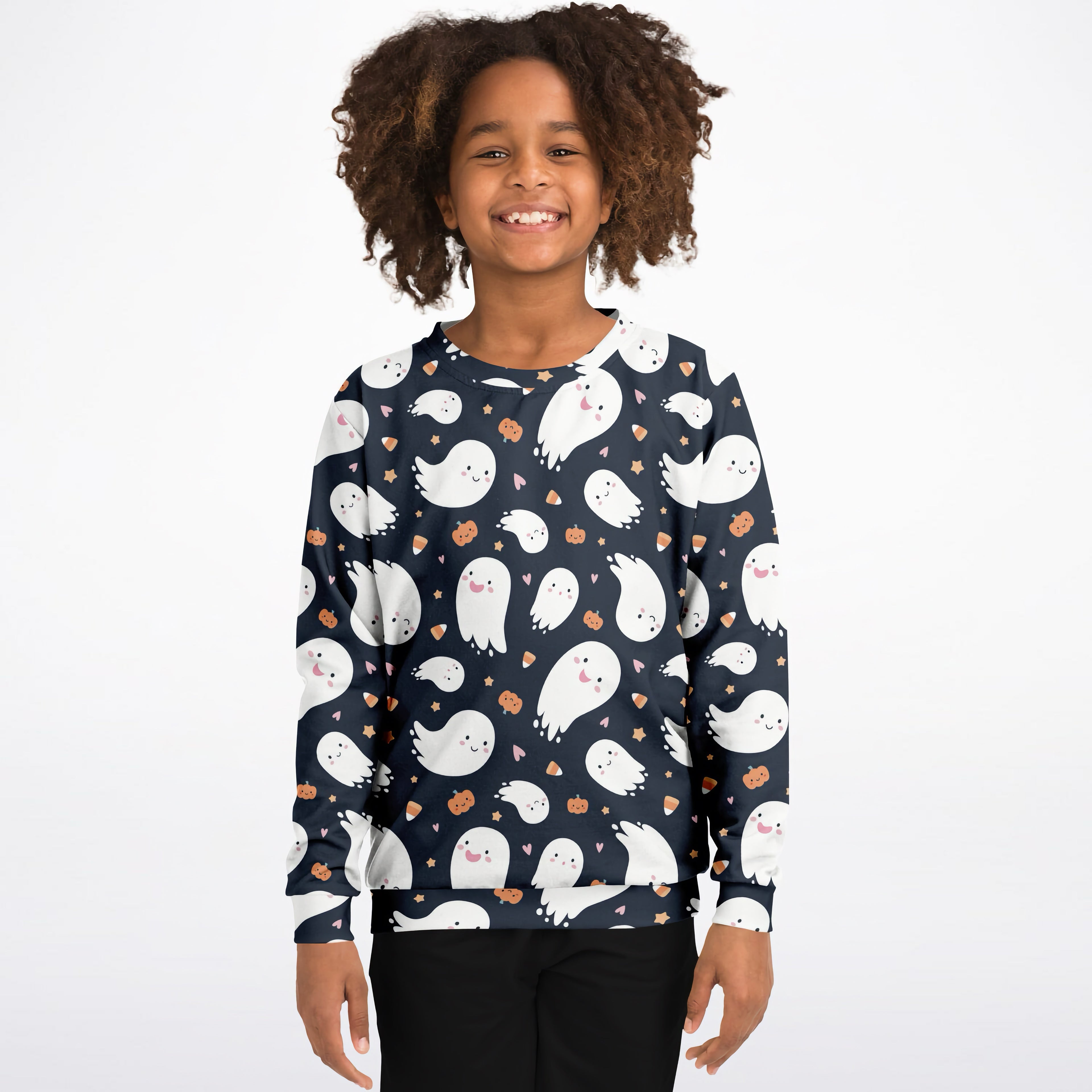 Navy blue kids ghost Halloween sweatshirt with white cartoon ghosts orange pumpkins stars cozy cotton fleece