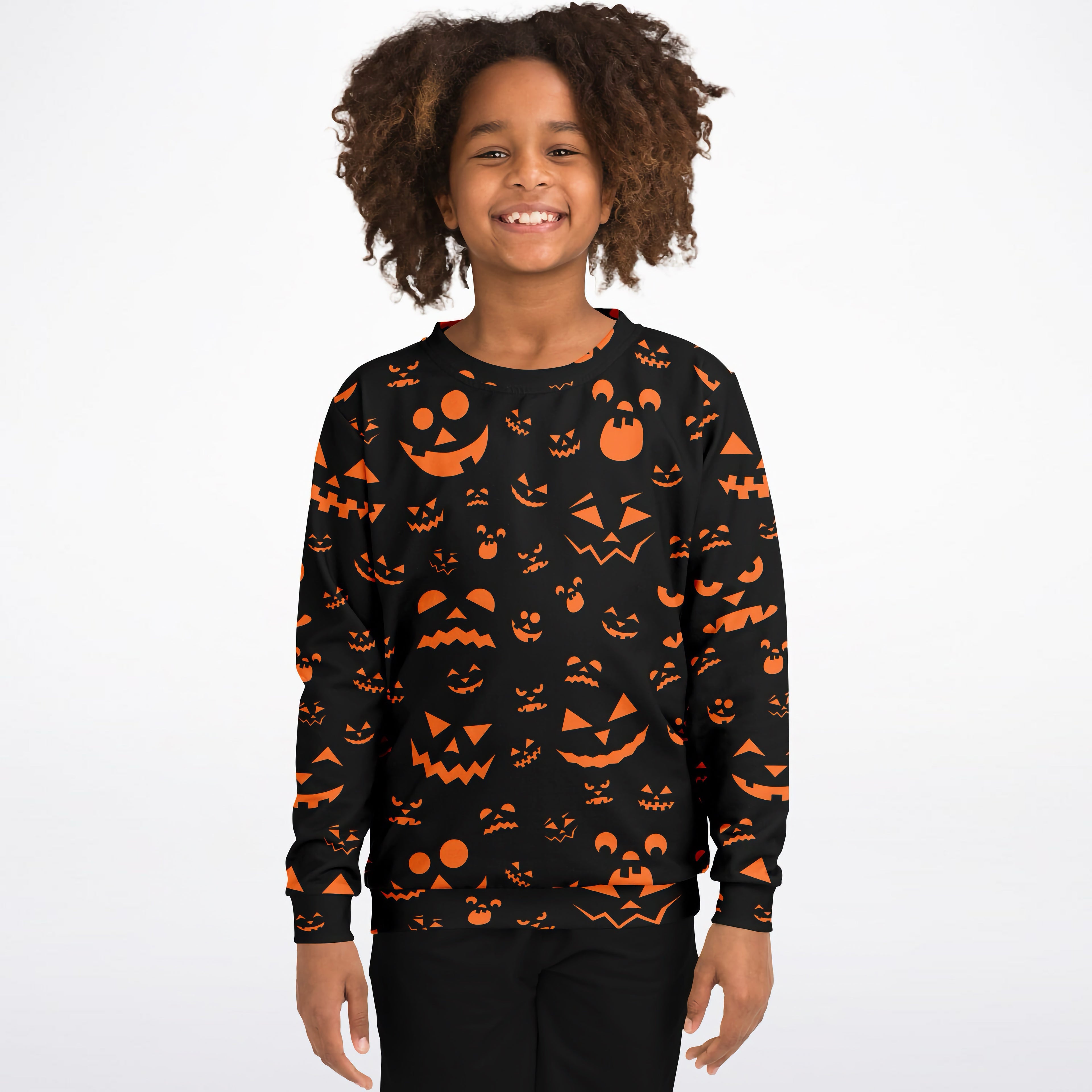 Kids jack-ol-lantern halloween sweatshirt in black cotton fleece with vibrant orange pumpkin face pattern