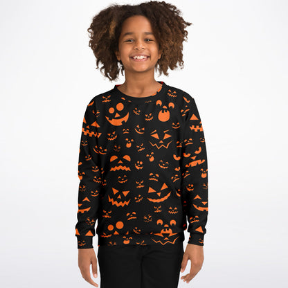 Kids Jack-O’-Lantern Halloween Sweatshirt – Cozy Cotton Fleece or Lightweight Sports Fabric