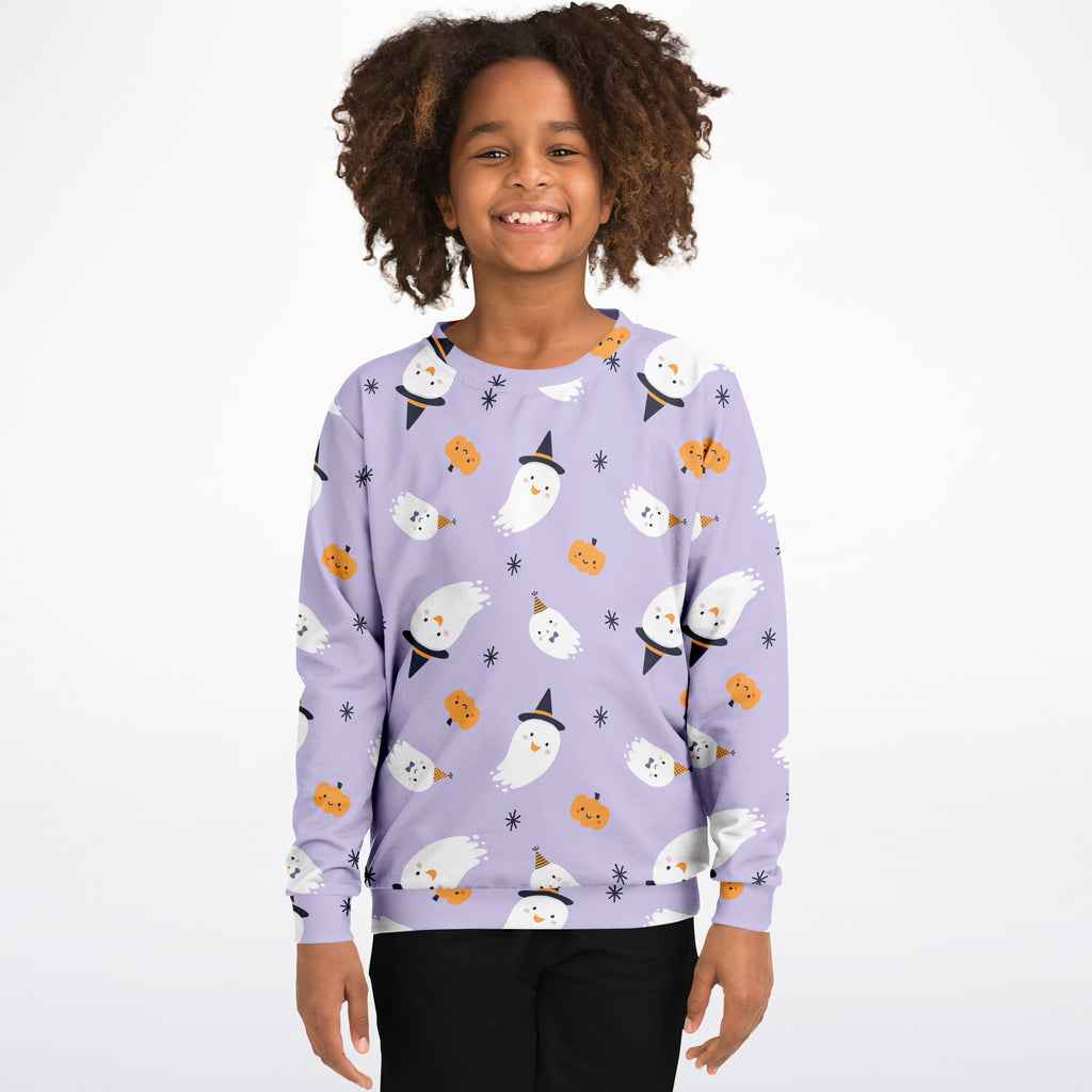 Girls witch ghost halloween sweatshirt in lavender fleece featuring white ghosts in black hats and orange pumpkins