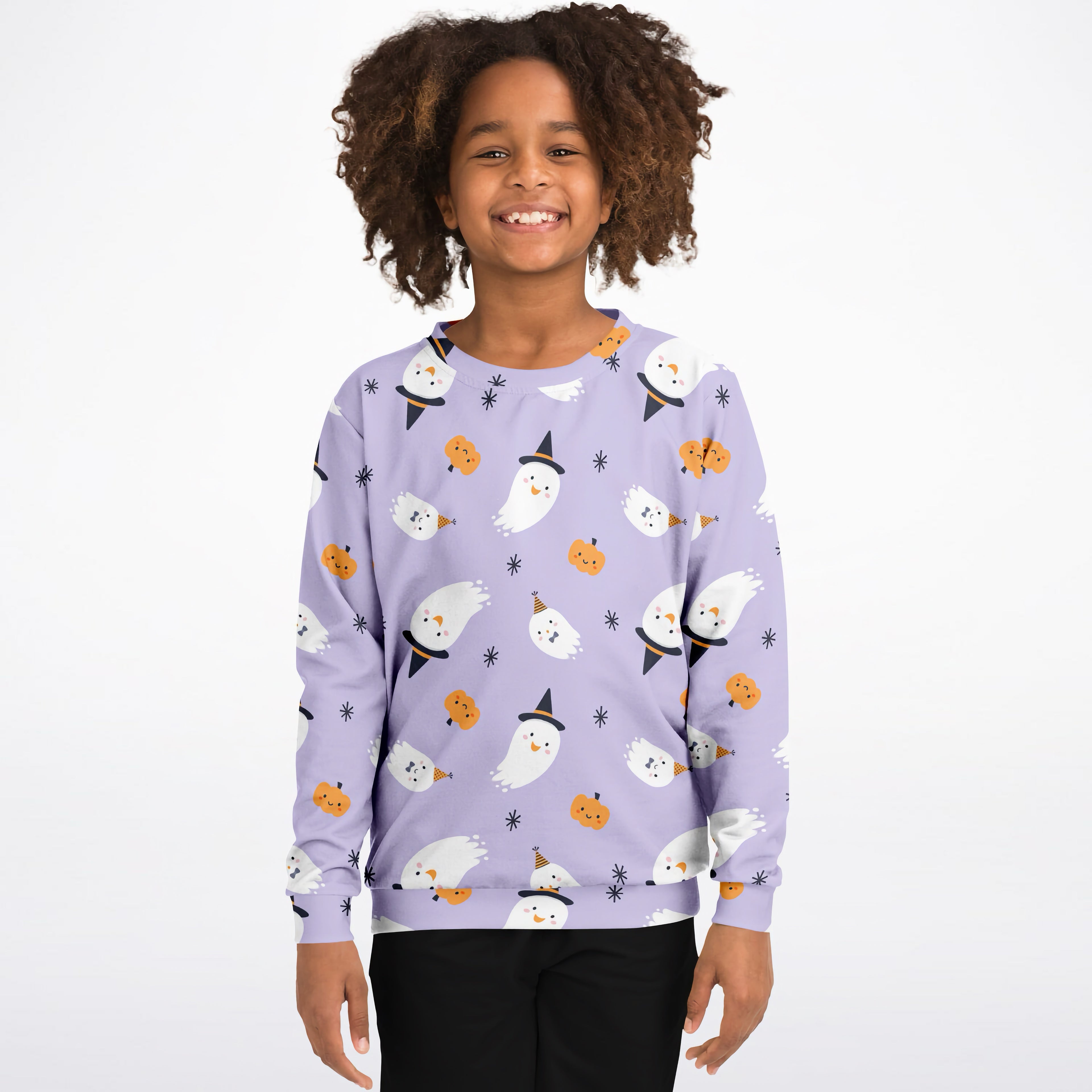 Girls witch ghost halloween sweatshirt in lavender fleece featuring white ghosts in black hats and orange pumpkins