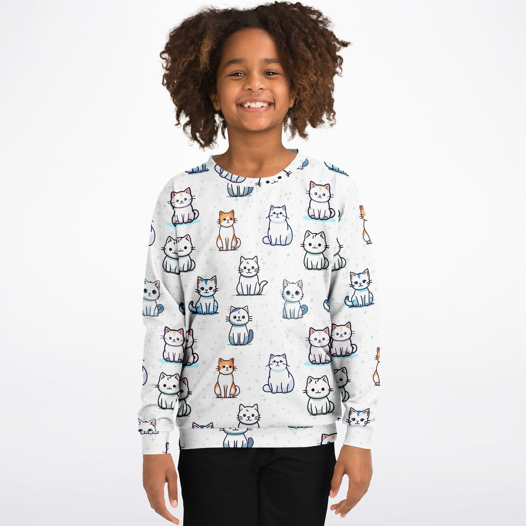 Girls Cat Pattern Sweatshirt – Cozy Cotton Fleece or Lightweight Sports Fabric
