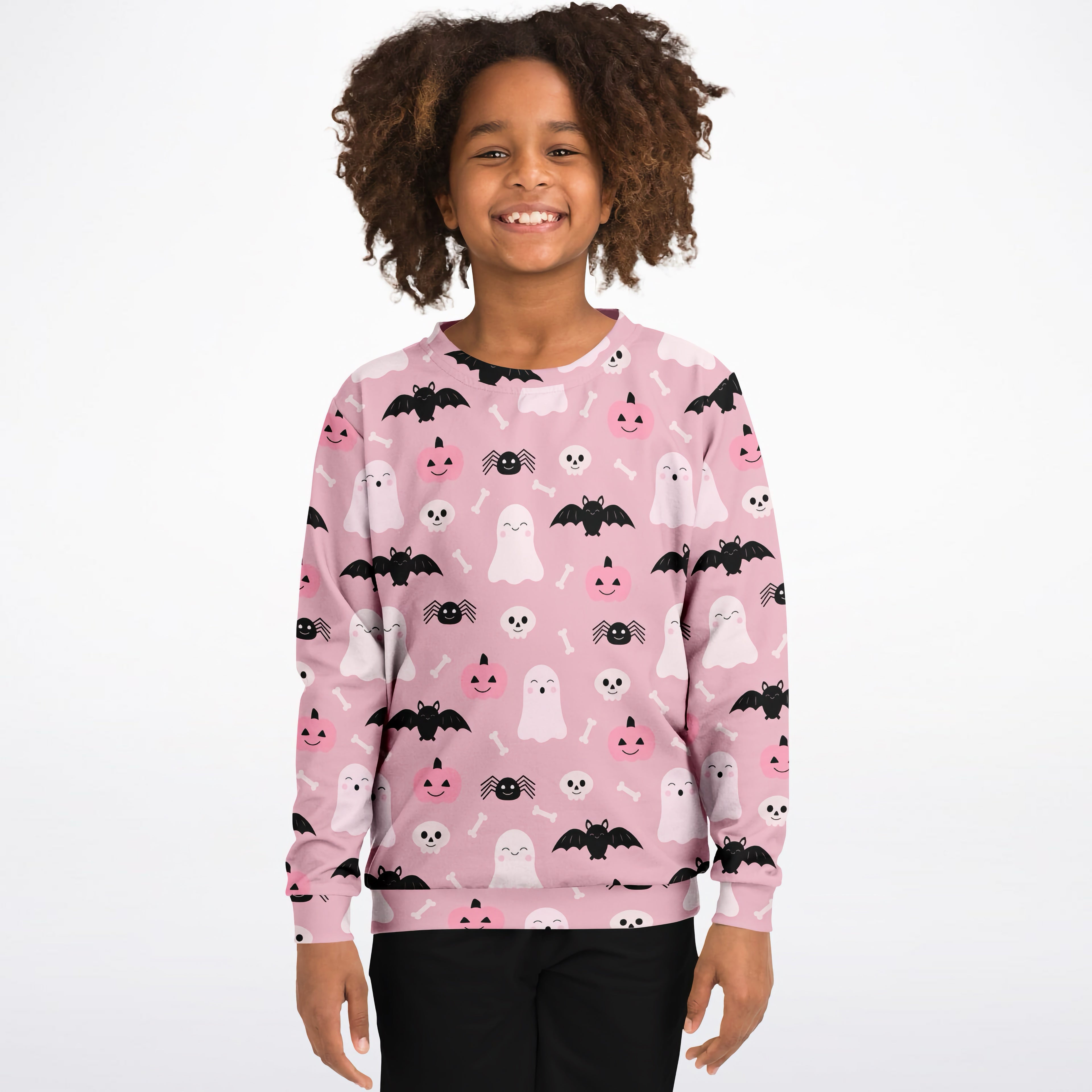 Girls cute ghost and bats pink halloween sweatshirt with playful black and white prints on cozy cotton fleece fabric