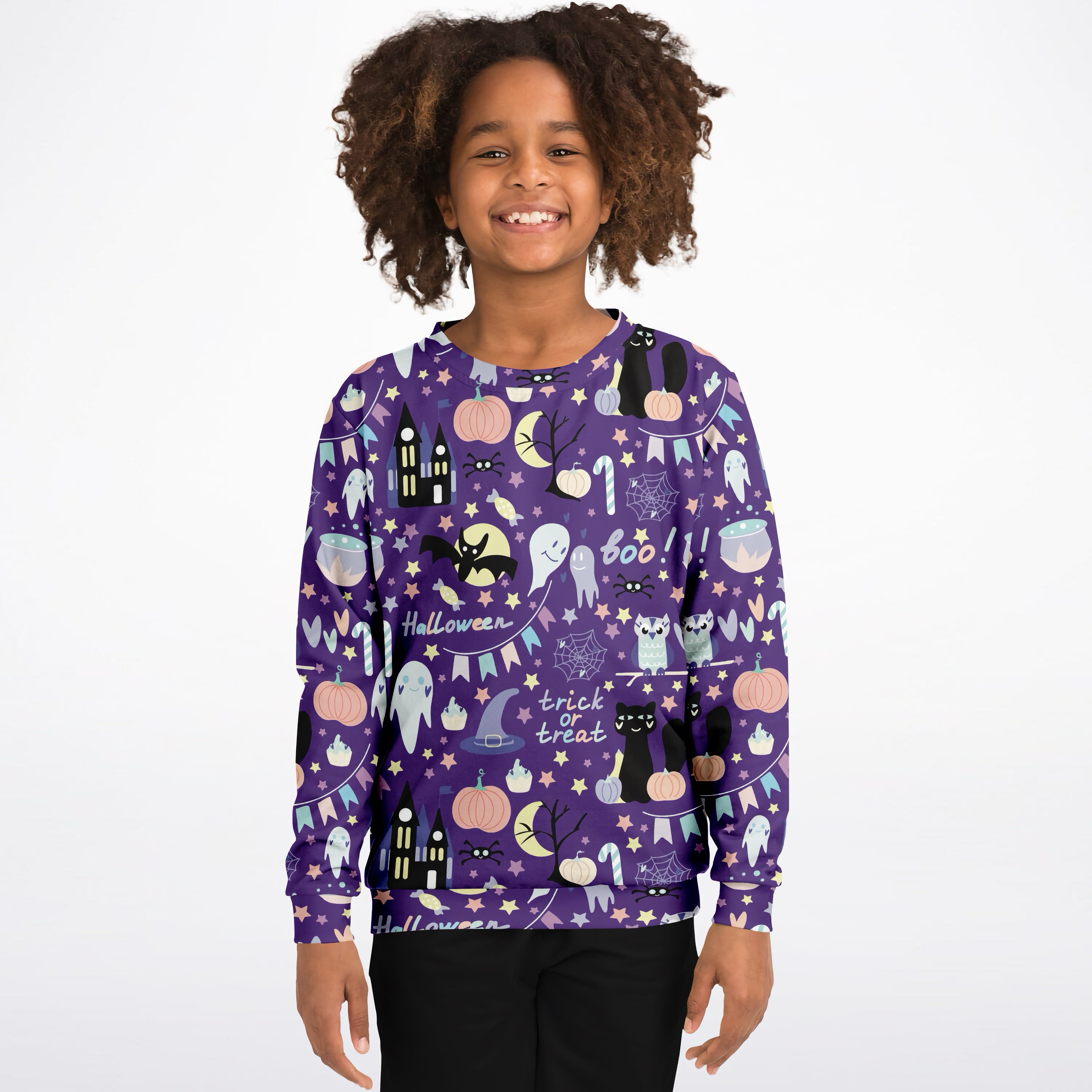 Kids spooky halloween sweatshirt purple long-sleeved cotton fleece with ghosts pumpkins bats and cats designs
