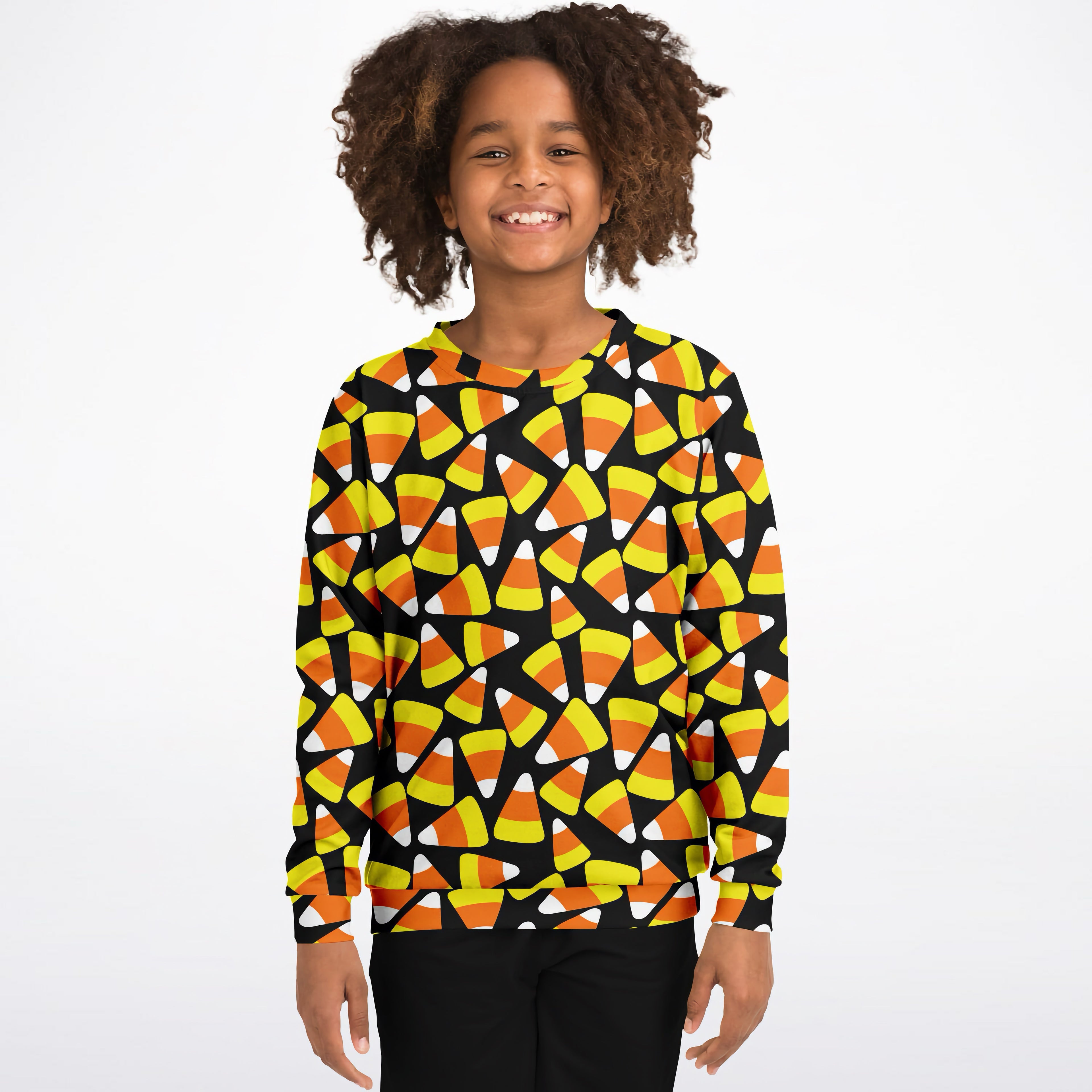 Kids candy corn halloween sweatshirt black long-sleeved cozy cotton fleece with vibrant candy corn pattern