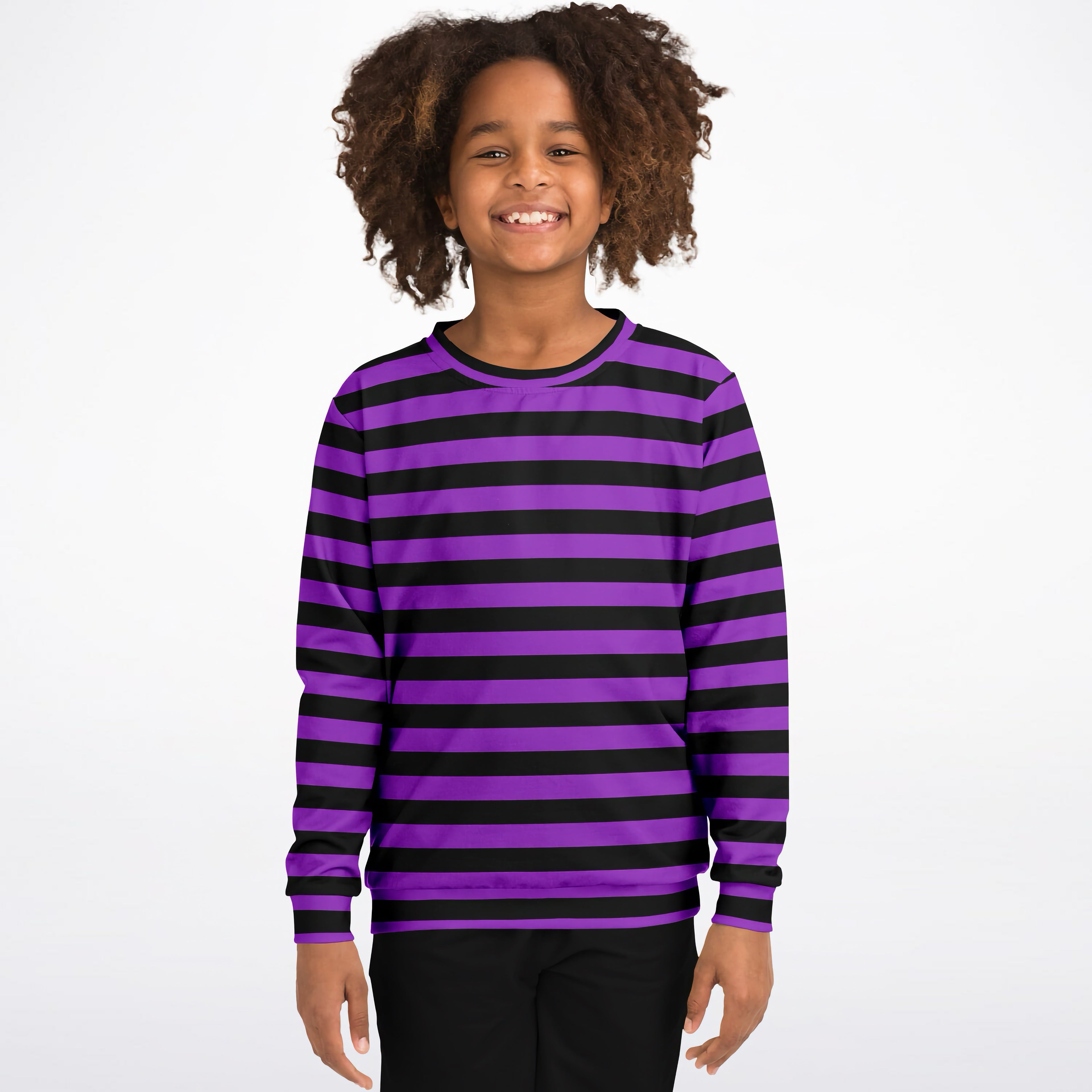 Kids purple and black striped long-sleeved sweatshirt made of cozy cotton fleece or lightweight sports fabric for Halloween