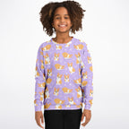 Girls Purple Corgi Dog Sweatshirt – Cozy Cotton Fleece or Lightweight Sports Fabric