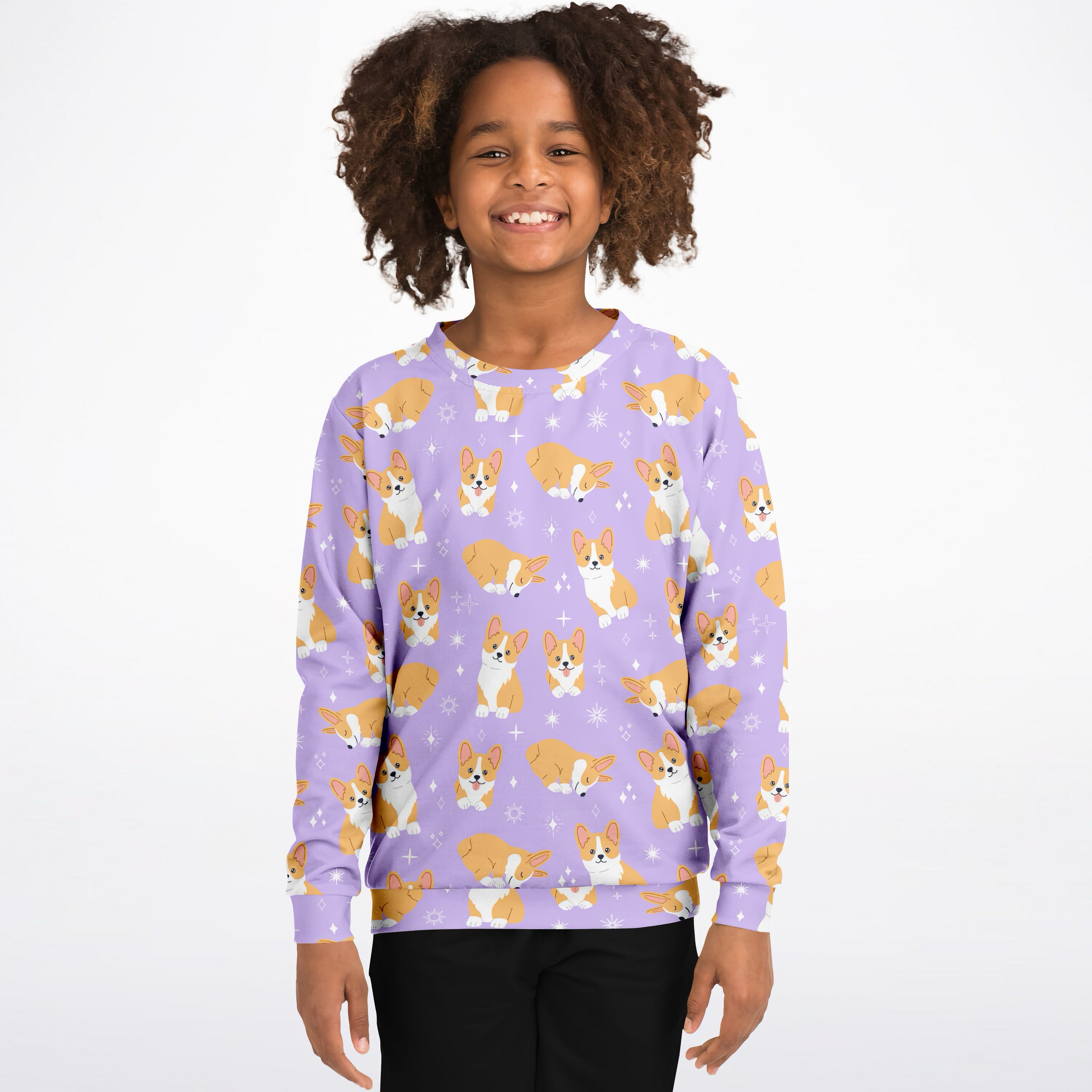 Girls Purple Corgi Dog Sweatshirt – Cozy Cotton Fleece or Lightweight Sports Fabric