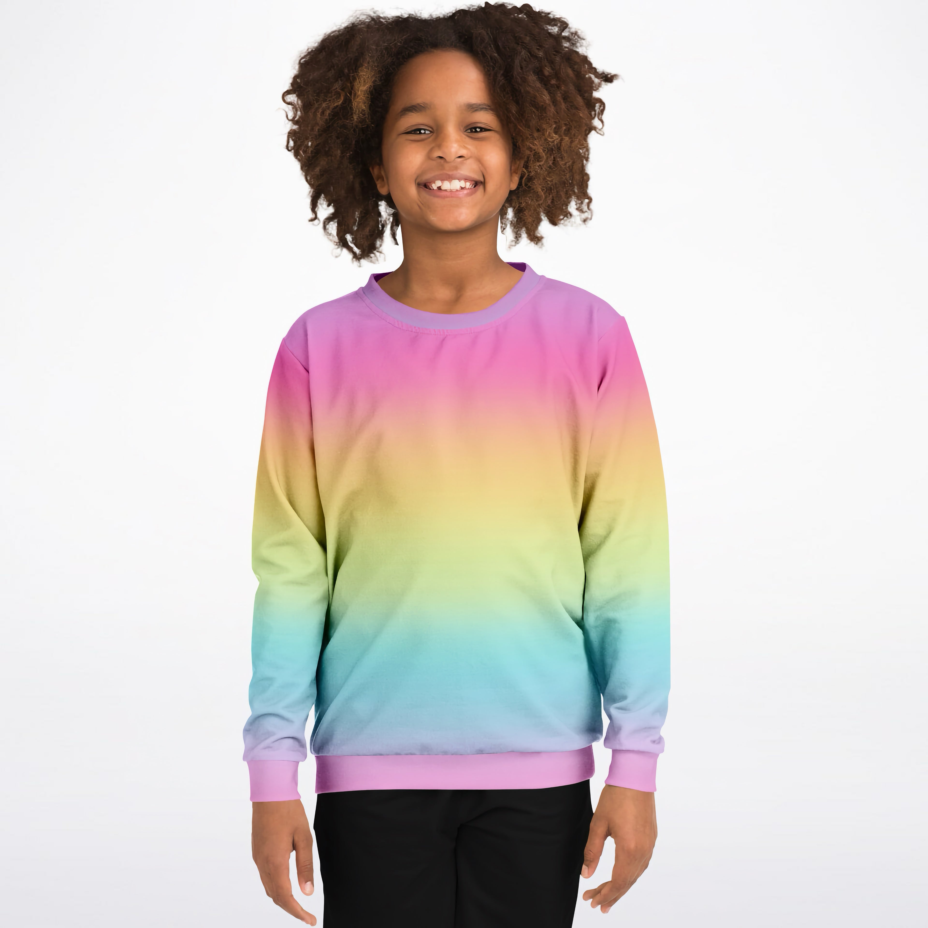 Girls bright rainbow sweatshirt with soft smooth fabric pink cuffs cozy cotton fleece or lightweight sports fabric