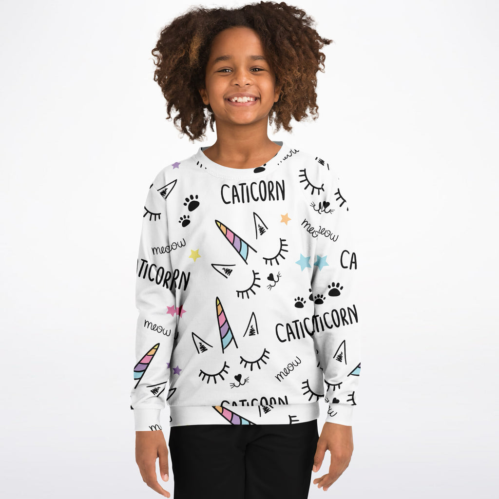 White girls magical caticorn sweatshirt with rainbow unicorns cat eyes paw prints in cozy cotton fleece fabric