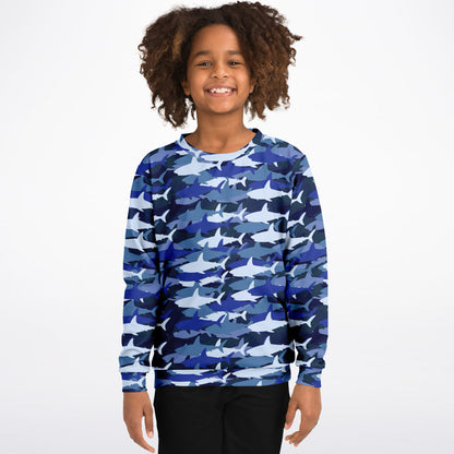 Kids Blue Shark Sweatshirt – Cozy Cotton Fleece or Lightweight Sports Fabric
