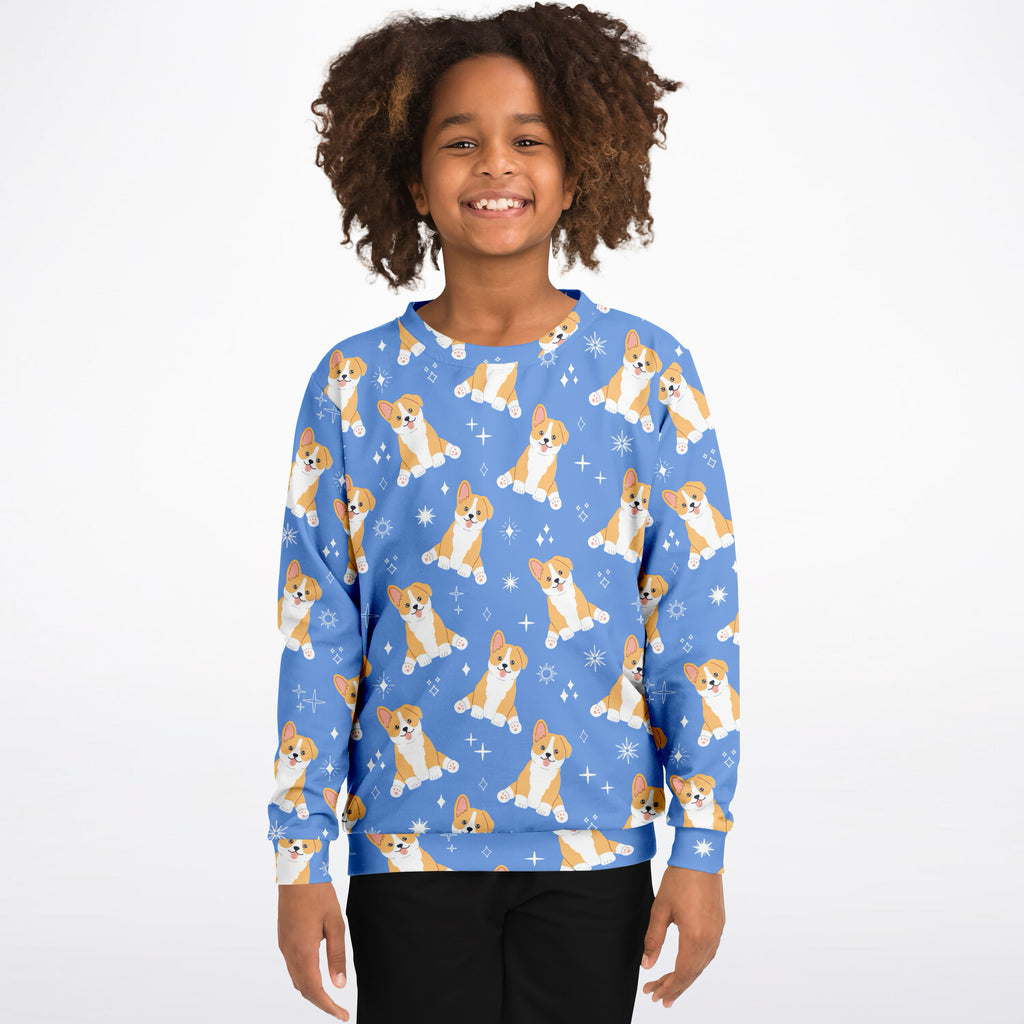 Kids Blue Corgi Dog Sweatshirt – Cozy Cotton Fleece or Lightweight Sports Fabric