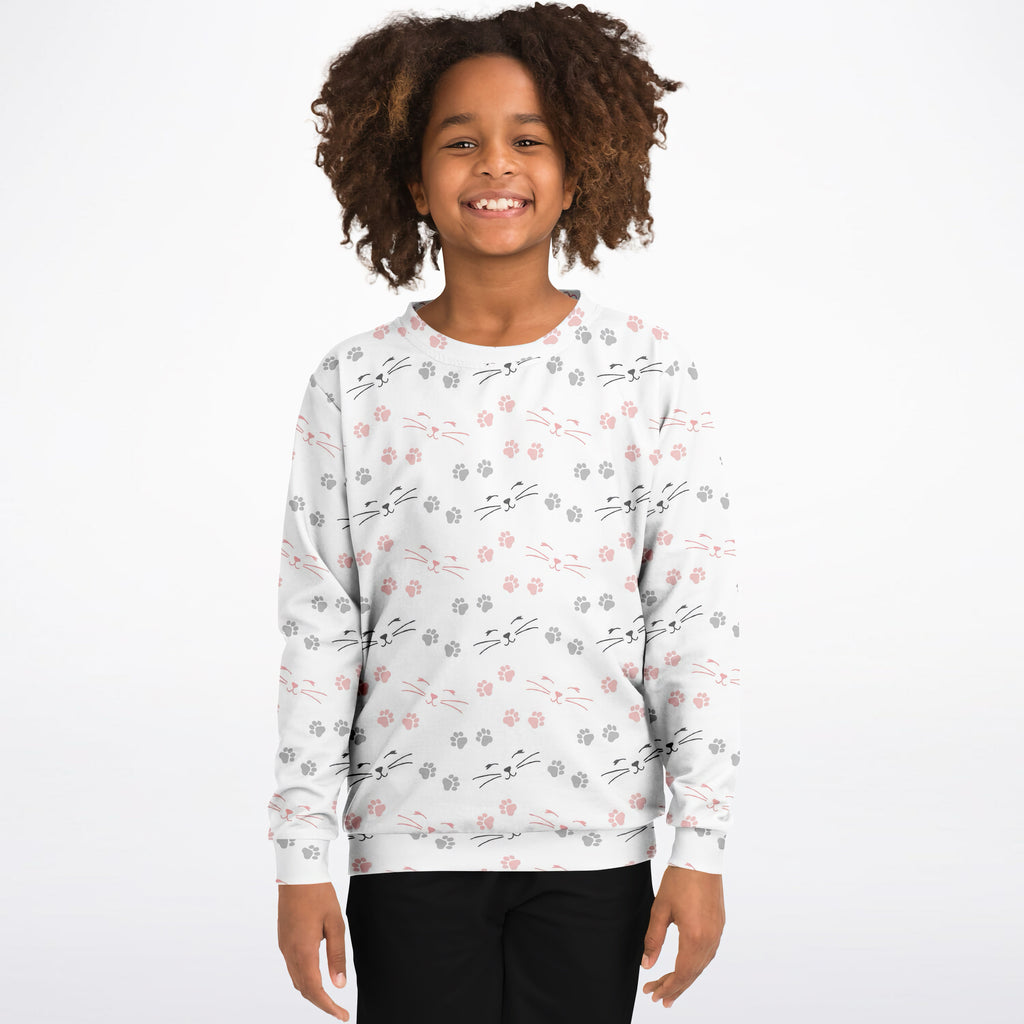 White girls long-sleeved sweatshirt with pink and gray cat faces and paw prints in cozy cotton fleece