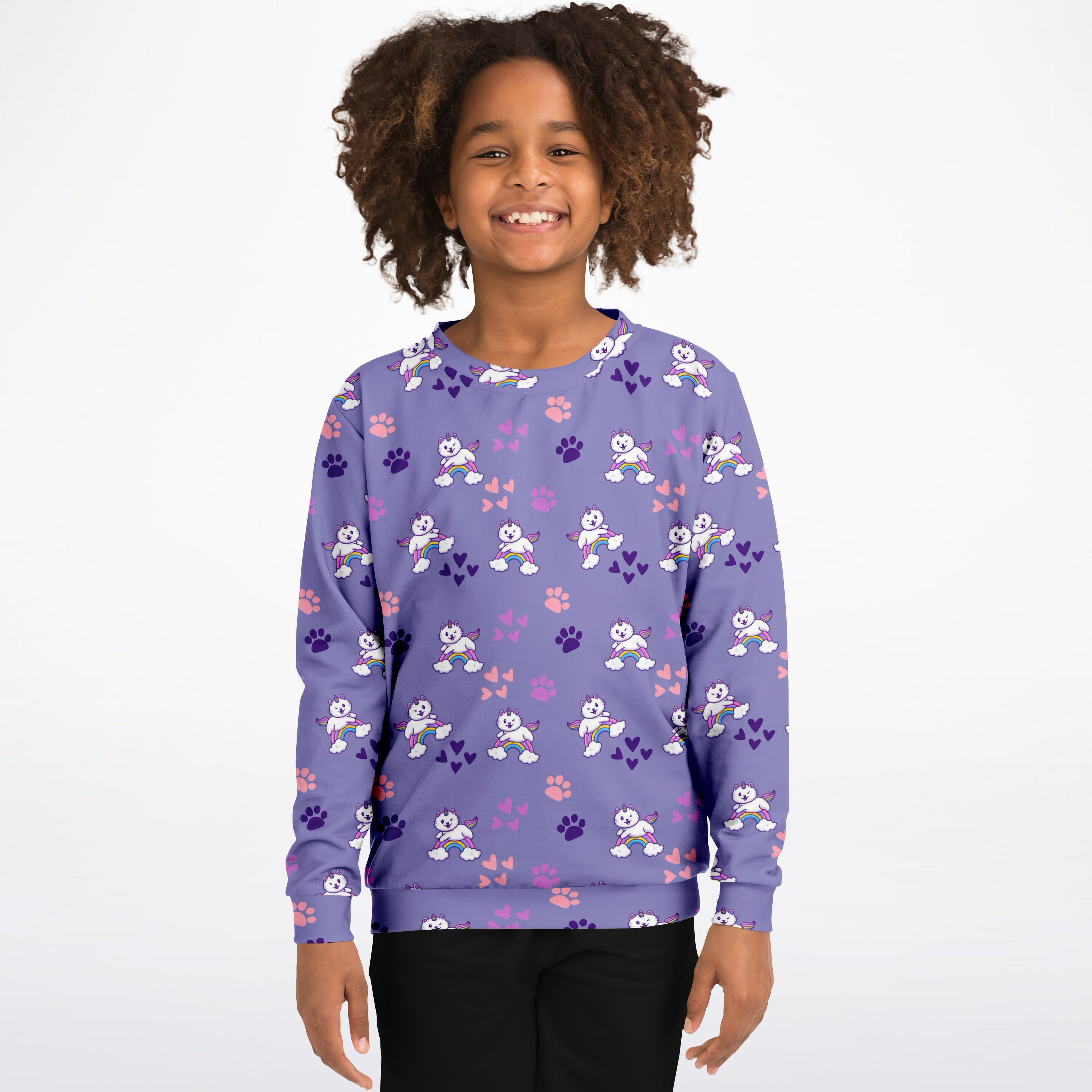 Girls purple caticorns sweatshirt in cozy cotton fleece with white cartoon cats rainbow wings and colorful paw prints