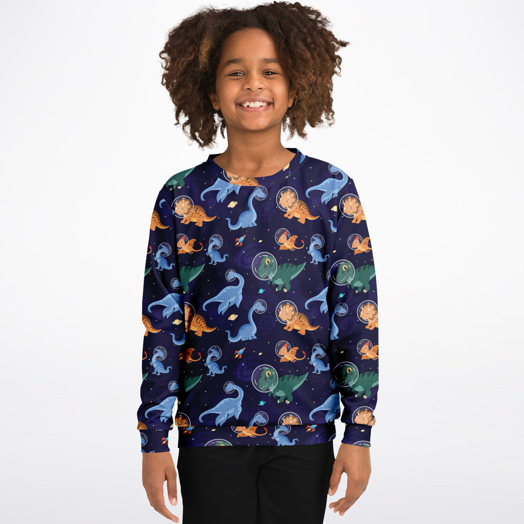 Navy blue kids space dinosaur sweatshirt with playful cartoon pattern made of cozy cotton fleece or lightweight sports fabric