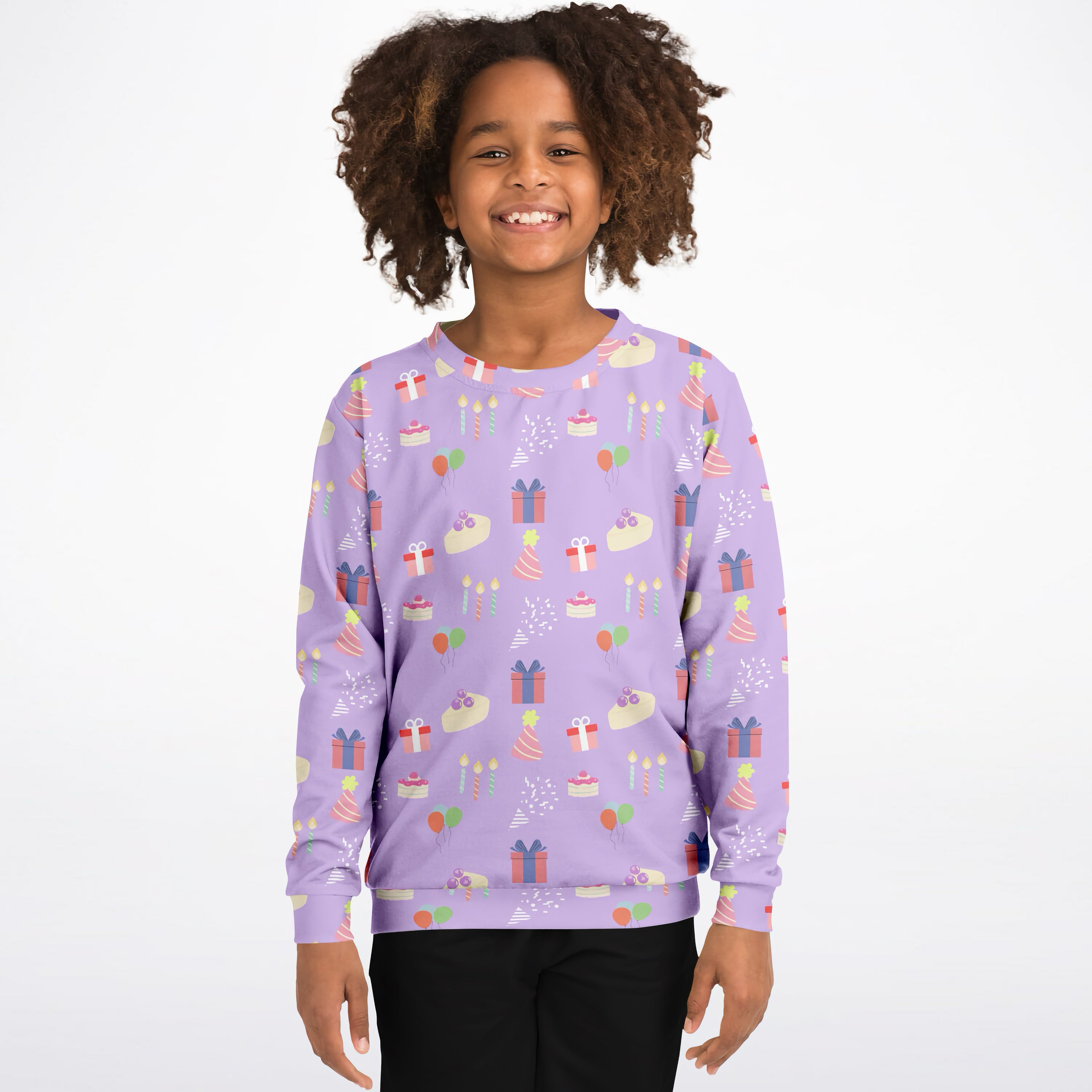 Girls purple birthday pattern sweatshirt in cozy cotton fleece with playful cakes presents and balloons print