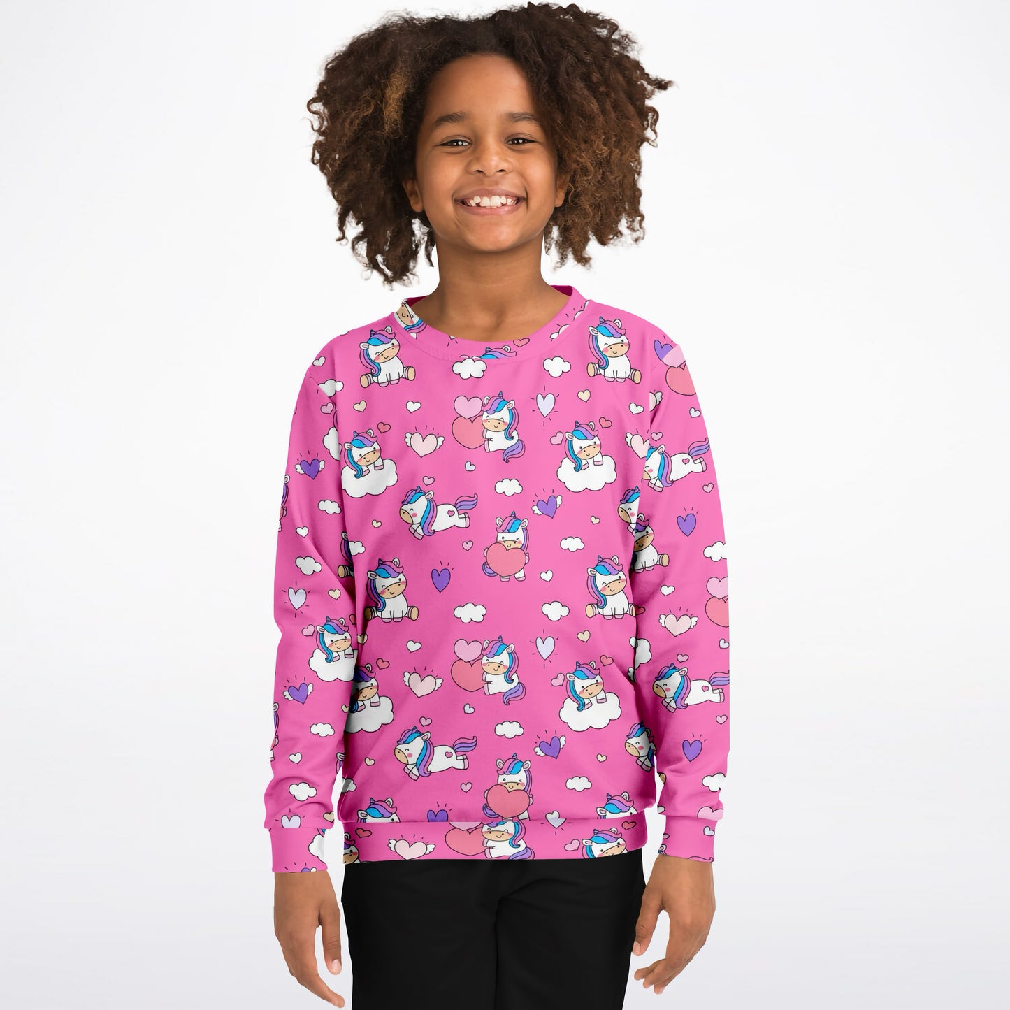 Girls Unicorn Hearts Sweatshirt – Cozy Cotton Fleece or Lightweight Sports Fabric