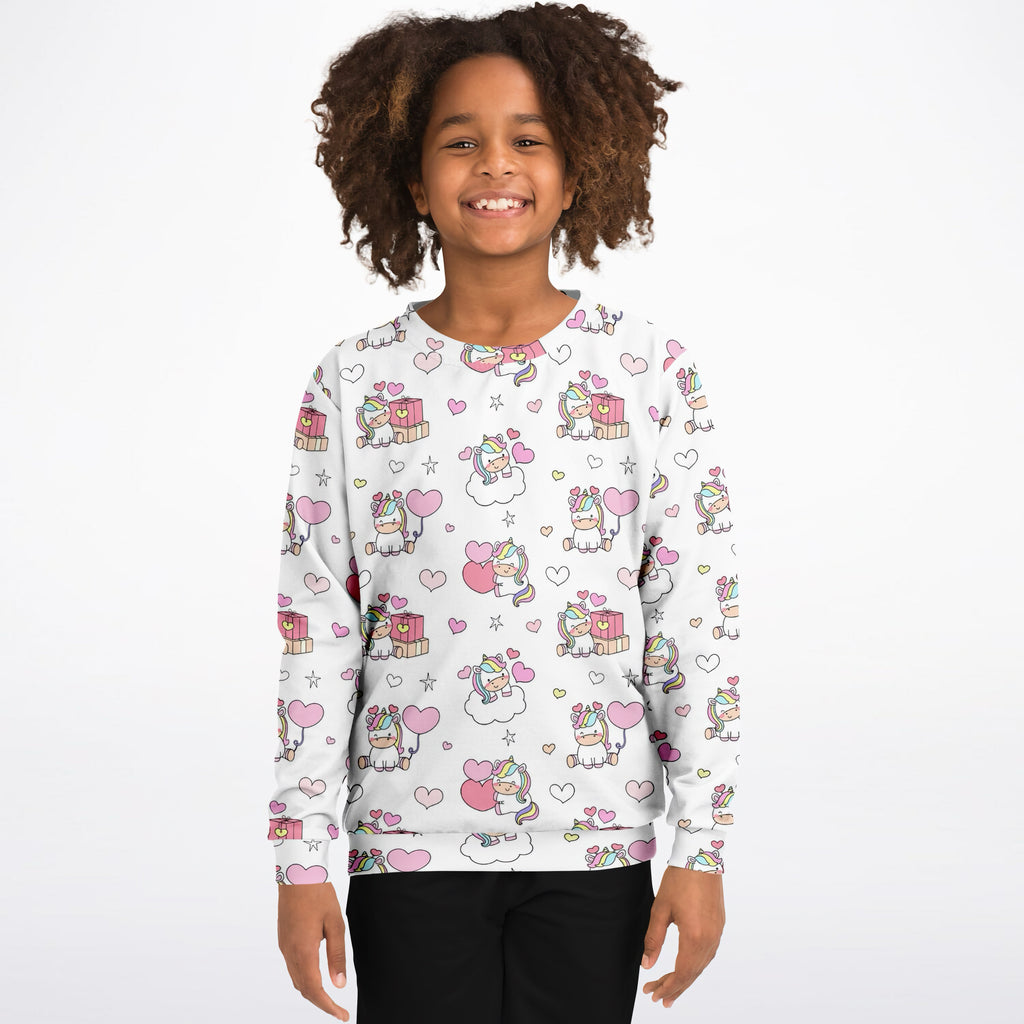 White girls unicorn birthday sweatshirt with cartoon unicorns hearts stars in pastel hues cozy cotton fleece