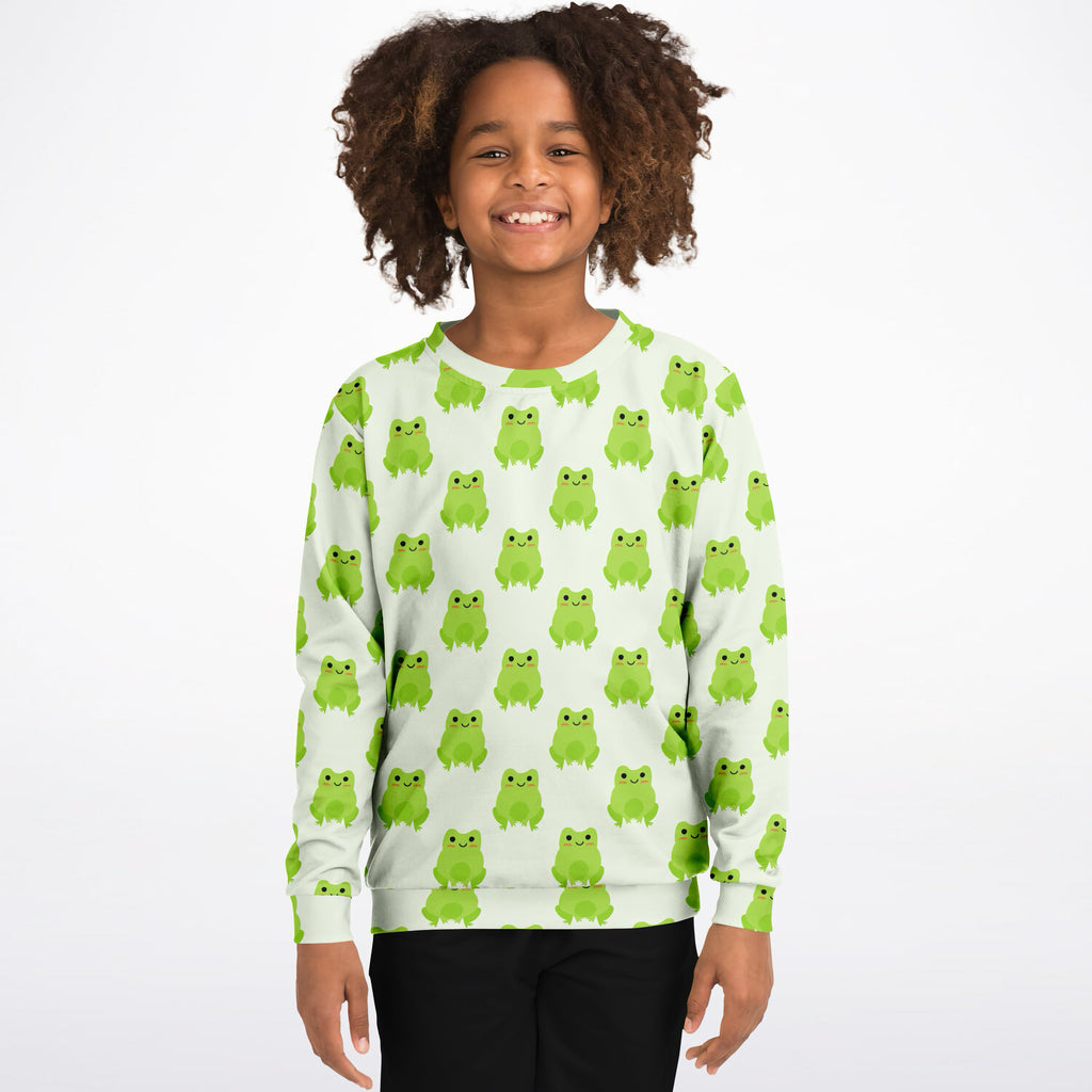 Kids green frog sweatshirt with bright cartoon frogs on soft white cozy cotton fleece fabric