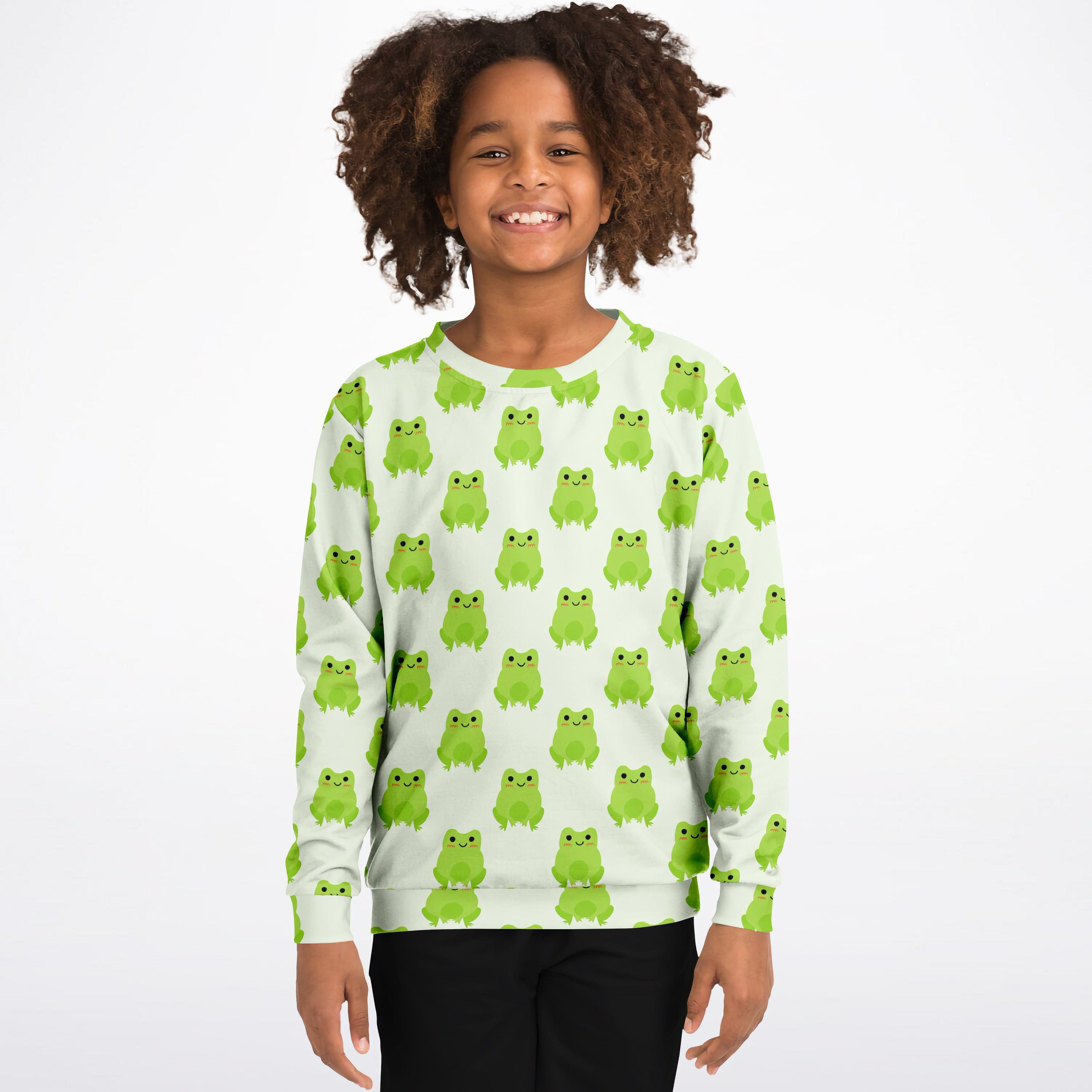 Kids green frog sweatshirt with bright cartoon frogs on soft white cozy cotton fleece fabric