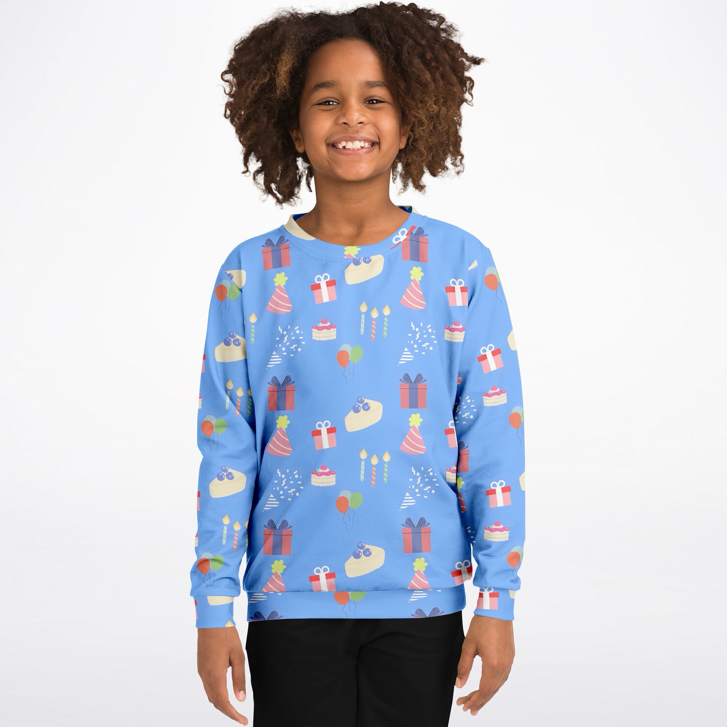 Kids Blue Birthday Pattern Sweatshirt – Cozy Cotton Fleece or Lightweight Sports Fabric