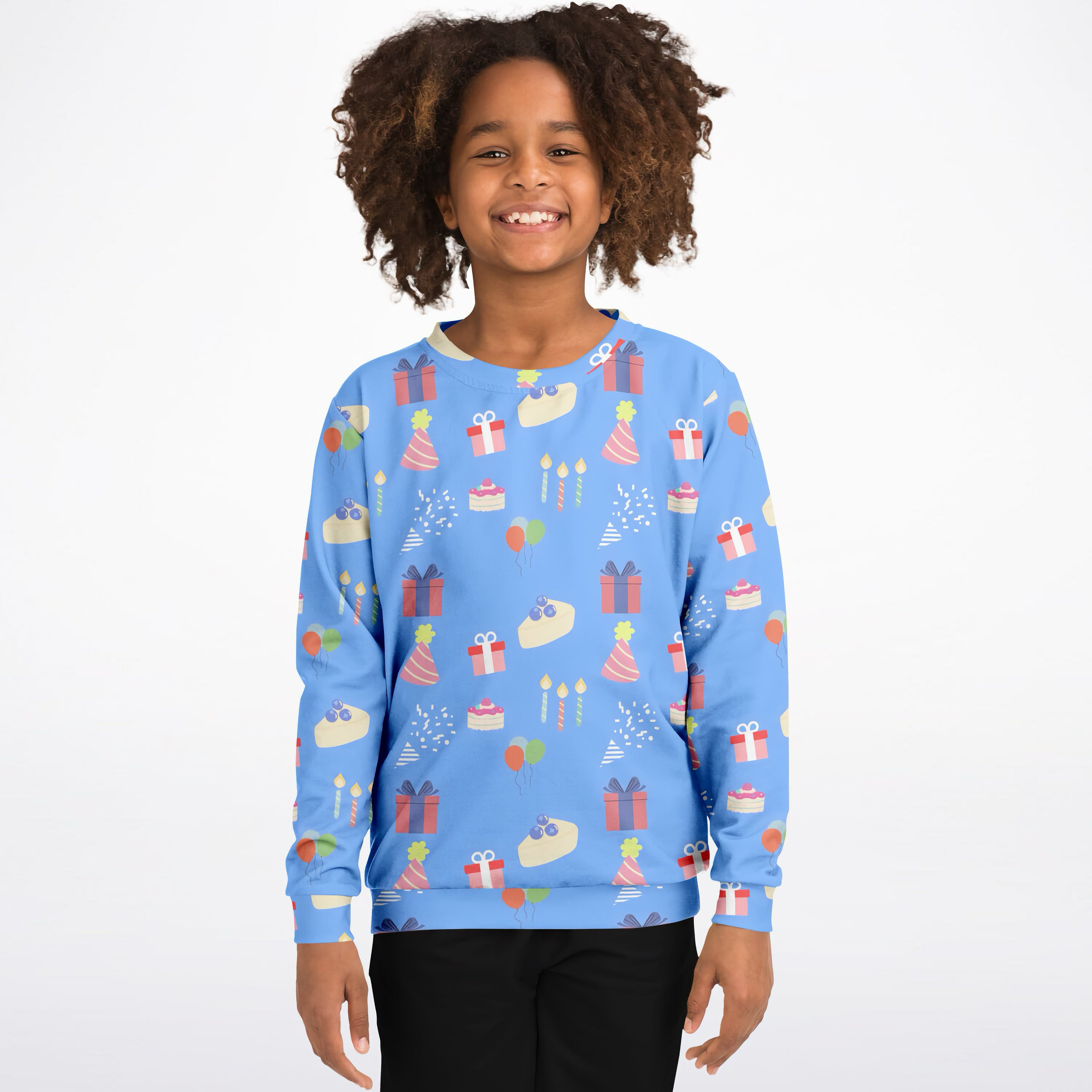 A light blue kids birthday pattern sweatshirt with playful prints in cozy cotton fleece or lightweight sports fabric